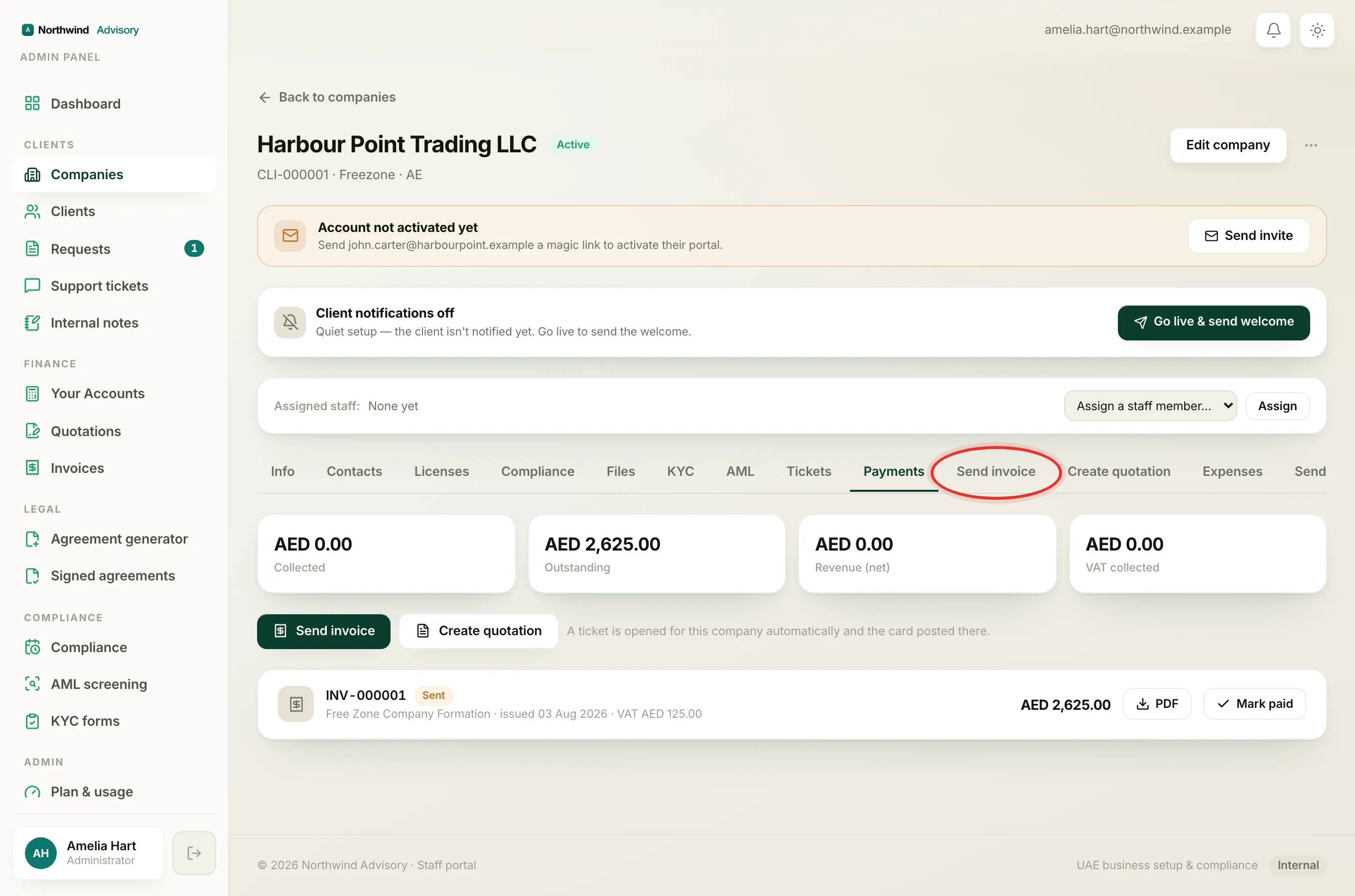 The Send invoice and Create quotation buttons above the invoice list for raising new billing on this company.