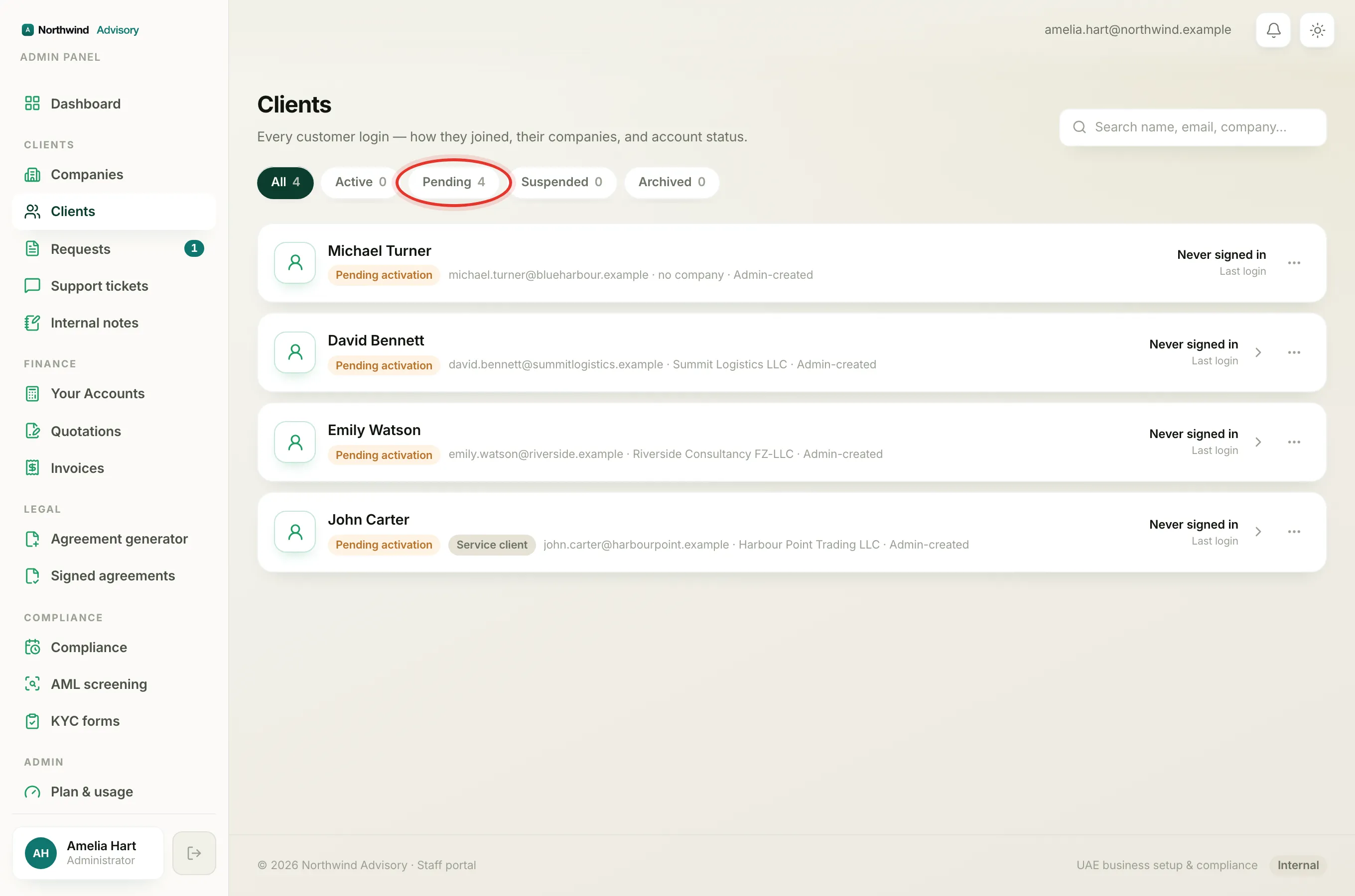 On the firm side, the Clients list Pending tab shows accounts that have been created but not yet activated by the client.