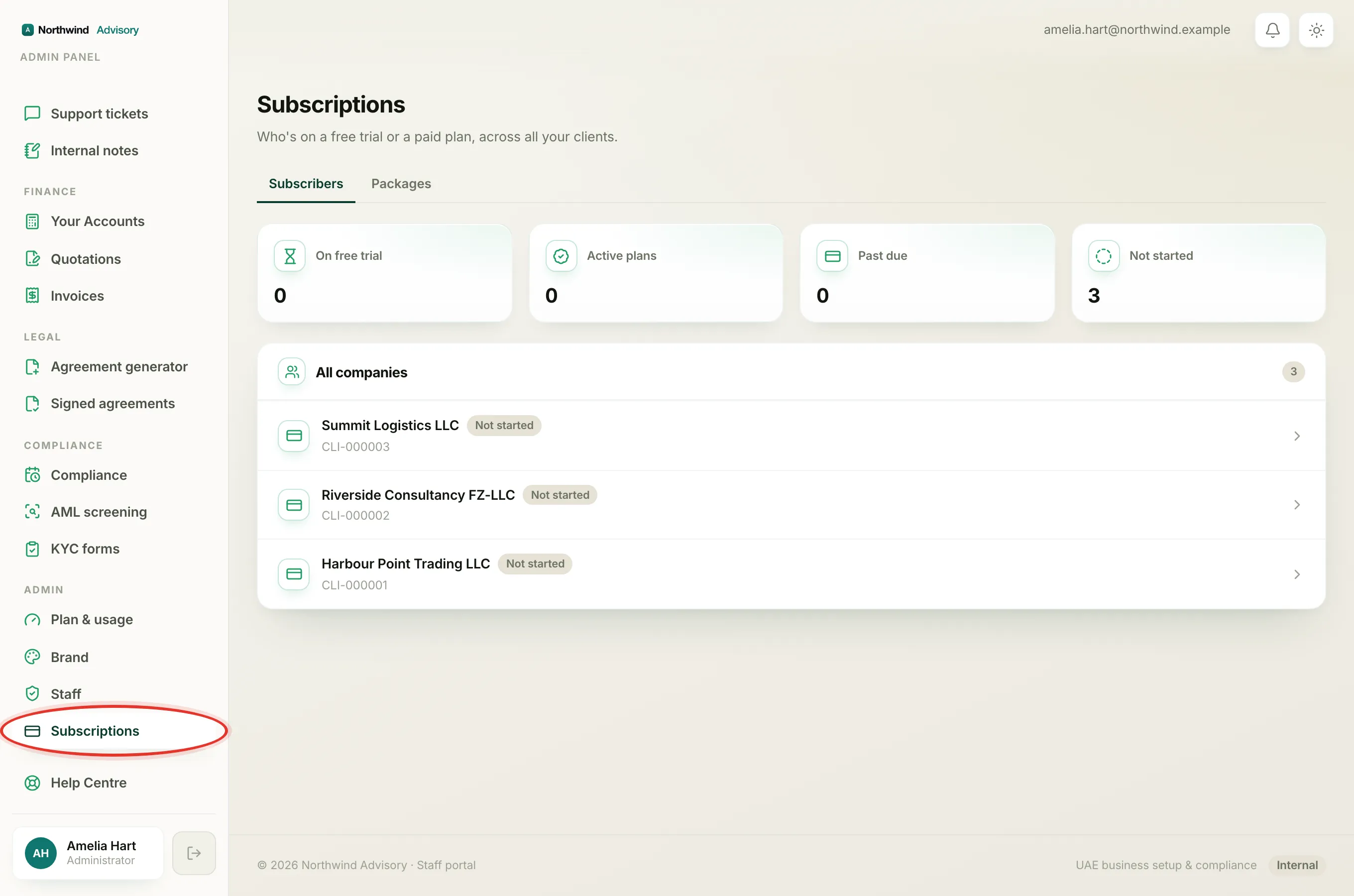Open Subscriptions from the Admin menu, then click the company's row in the All companies list.