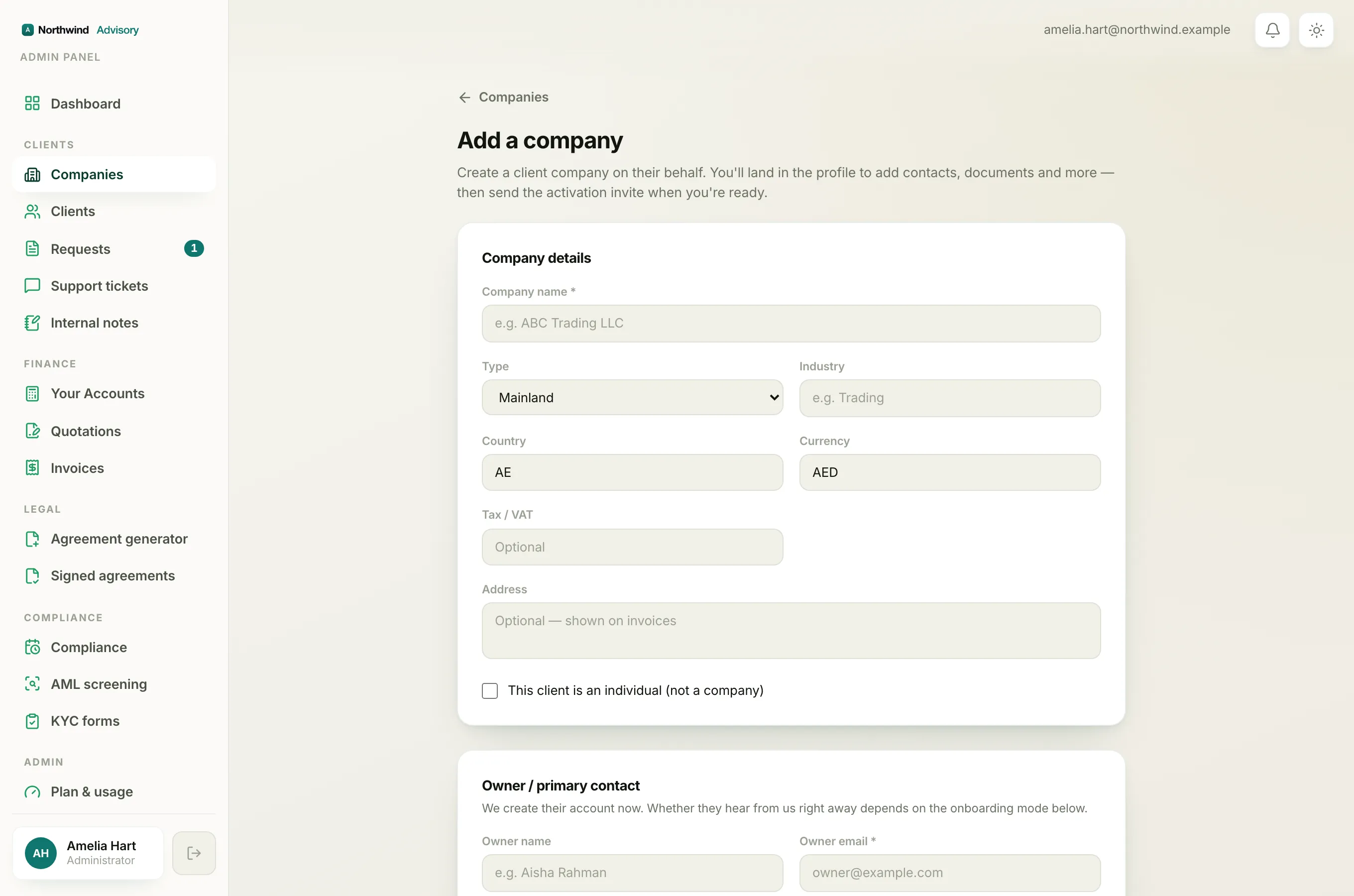 The Add a company page, where you fill in the Company details.