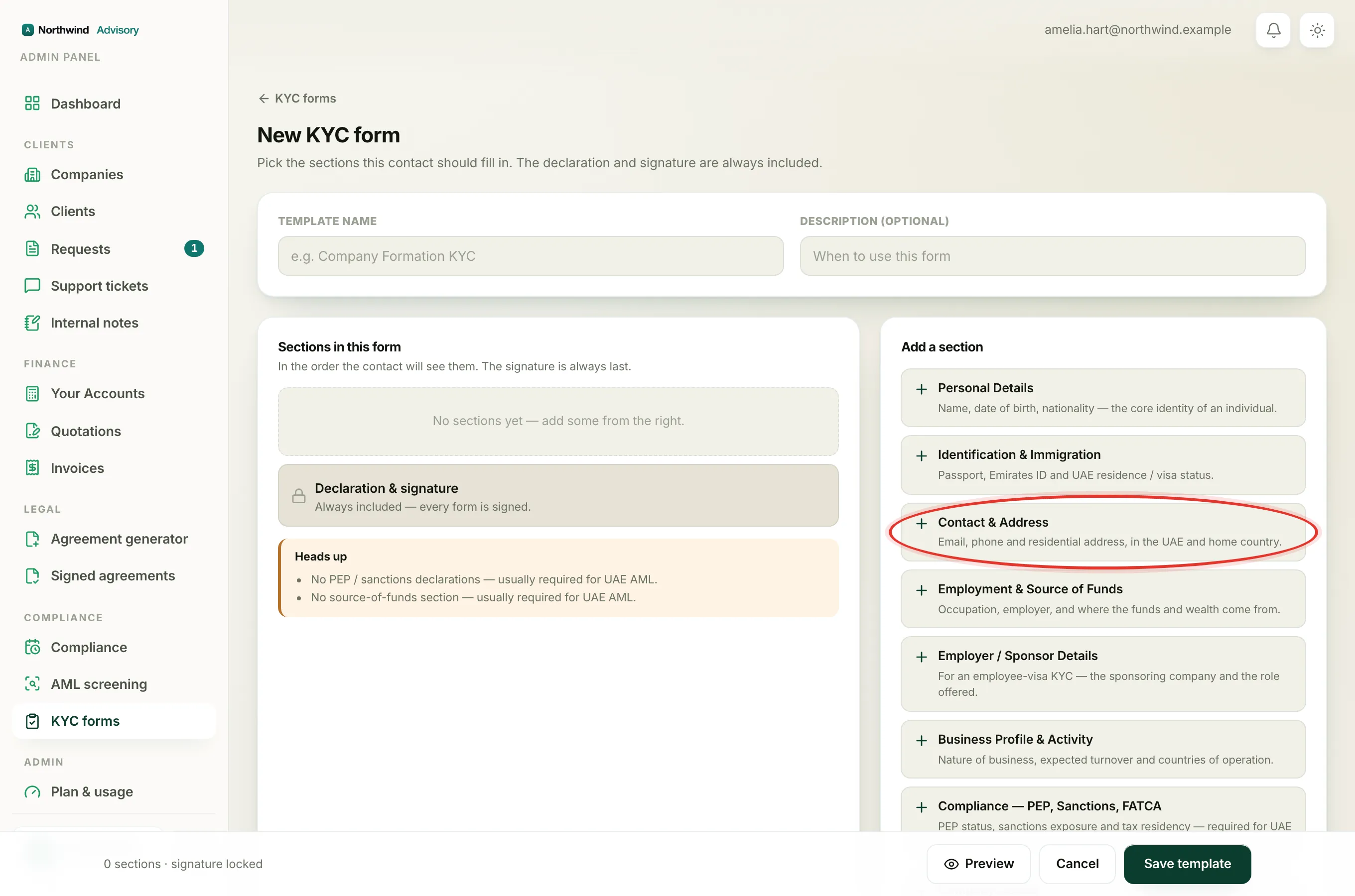 Typing a field label, choosing the answer type and pressing Add to place it in the form.