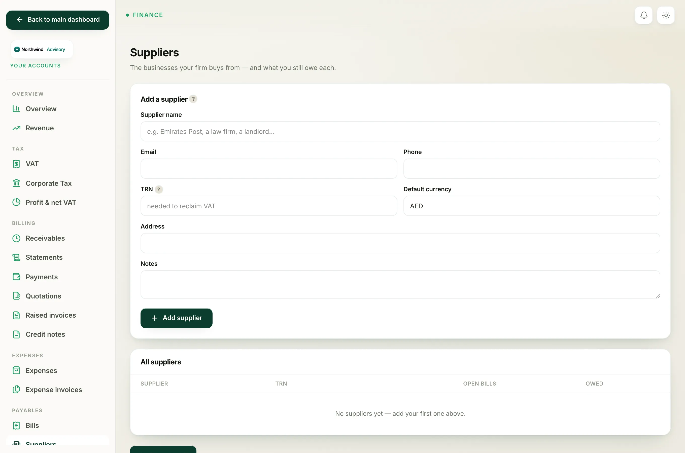 The Suppliers page under Payables lists every business you buy from and how much you still owe each one.
