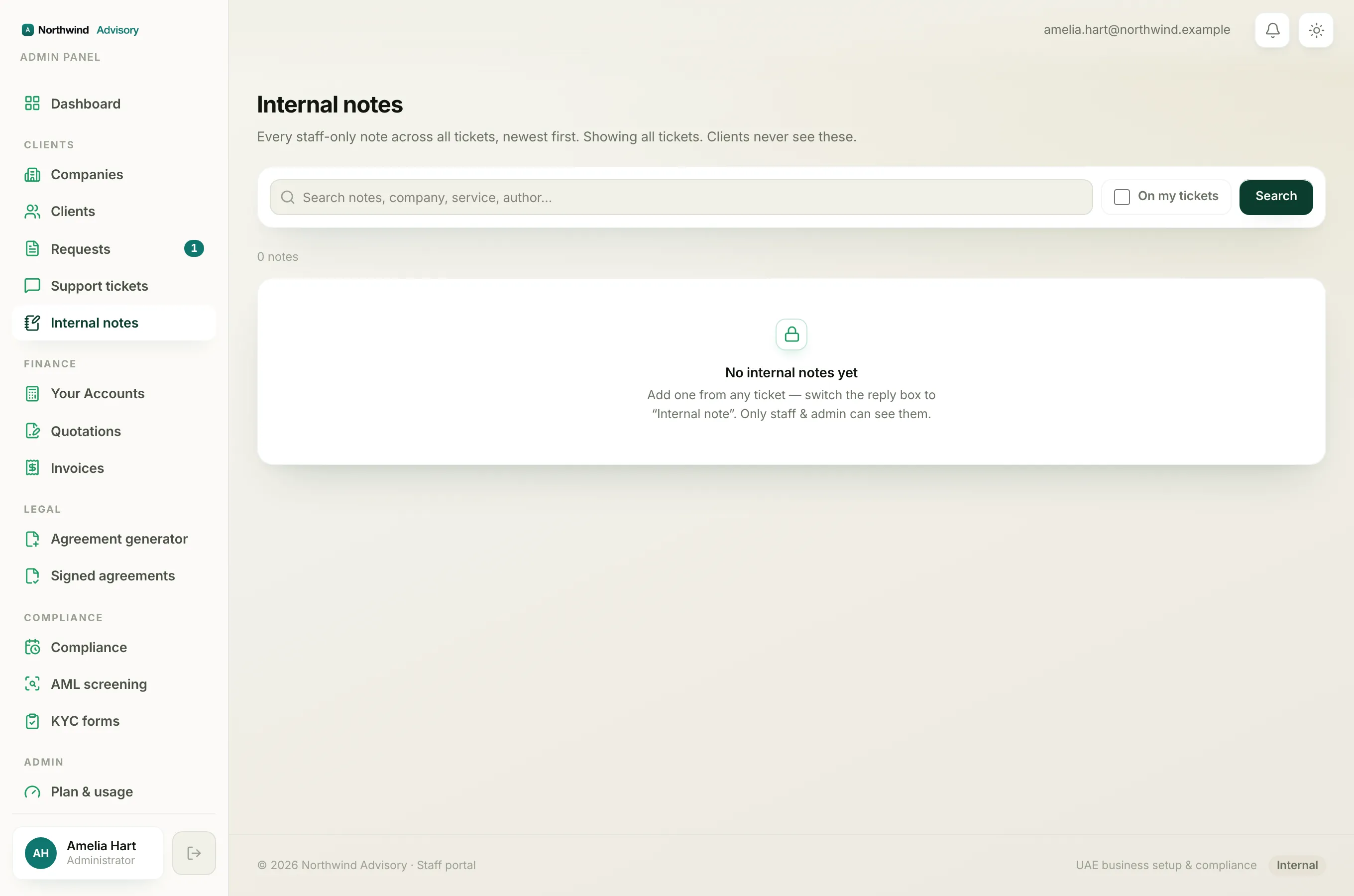 The Internal notes screen gathering every staff-only note in one place.