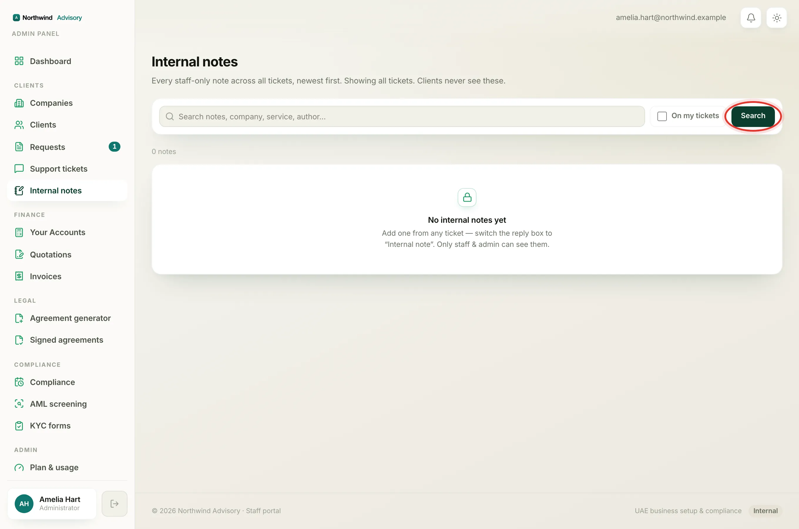 Filtering the internal notes list by text, company or author.