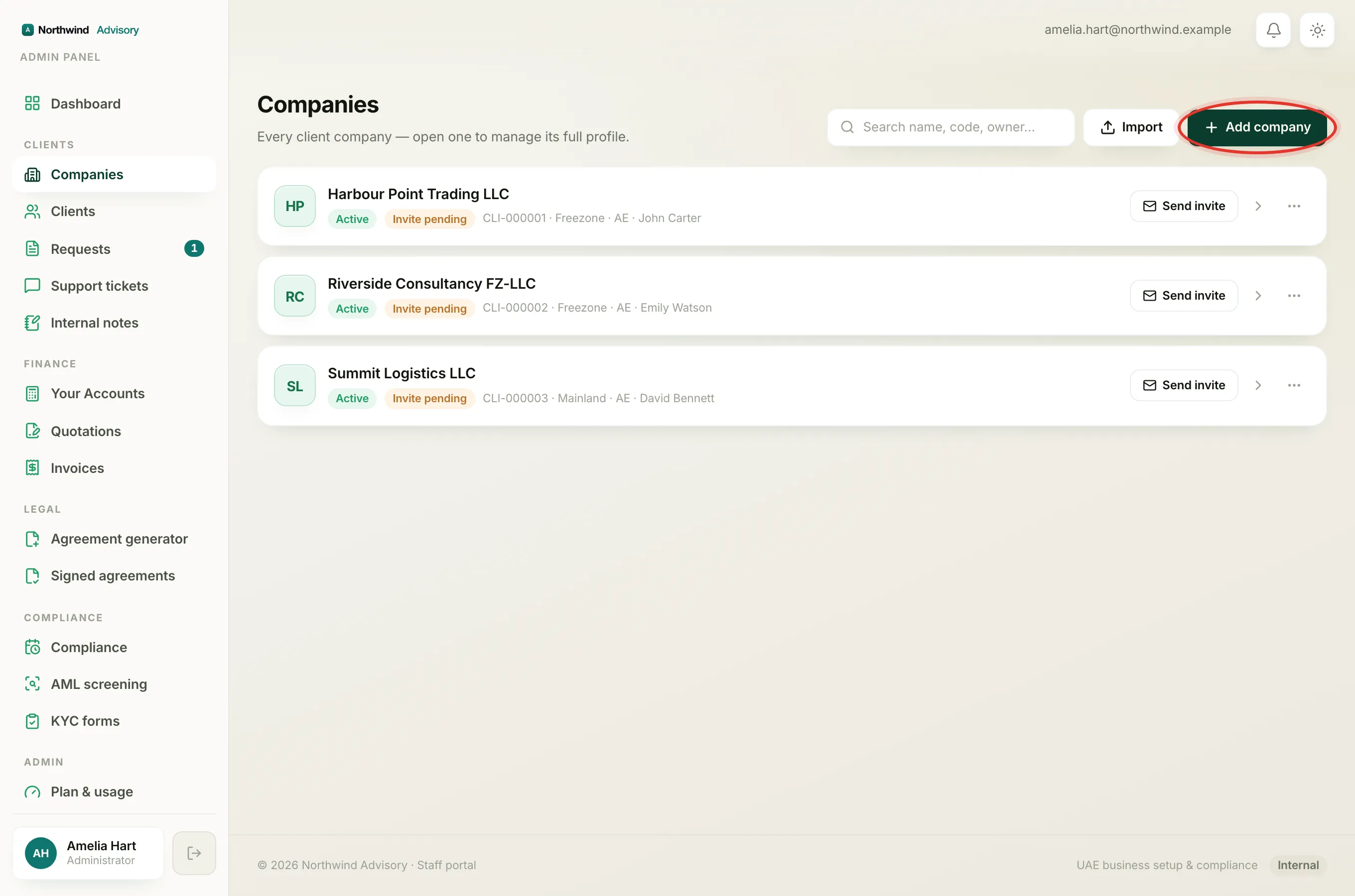 The Companies page. The "Add company" button in the top right is circled