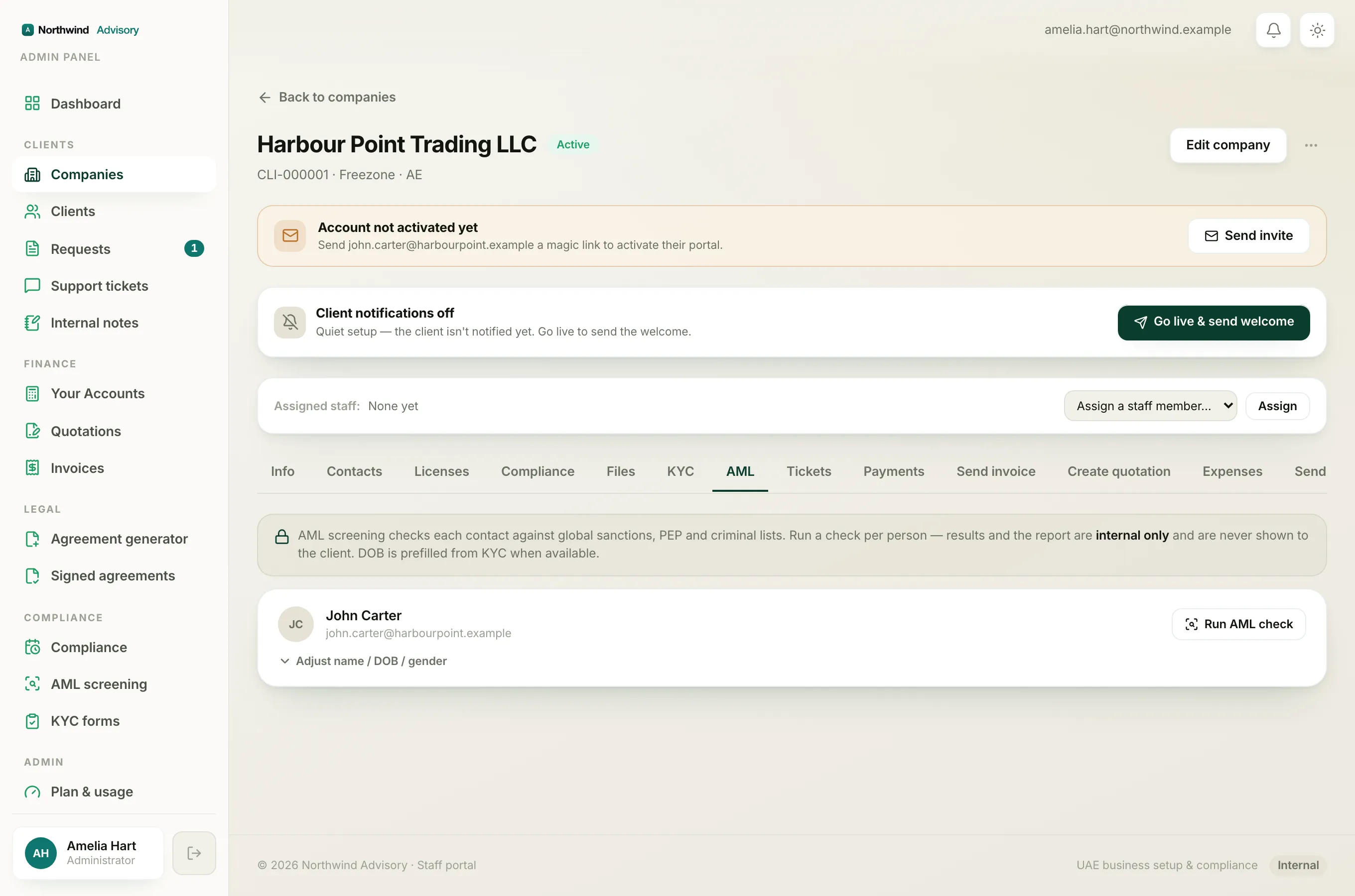 The company AML tab where each contact carries a status pill such as Clear or Potential match.