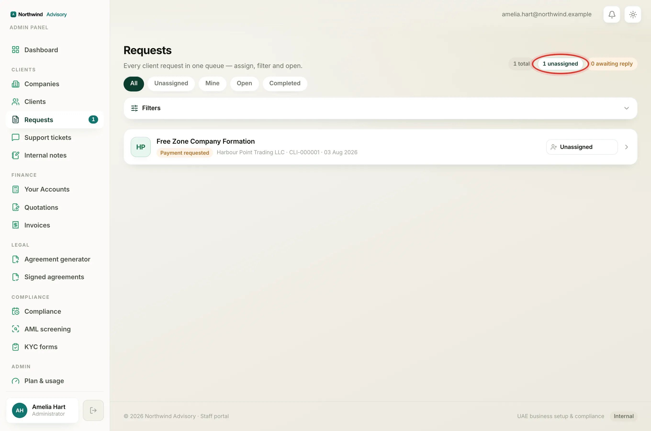 A request row with the assignee button on the right showing Unassigned.