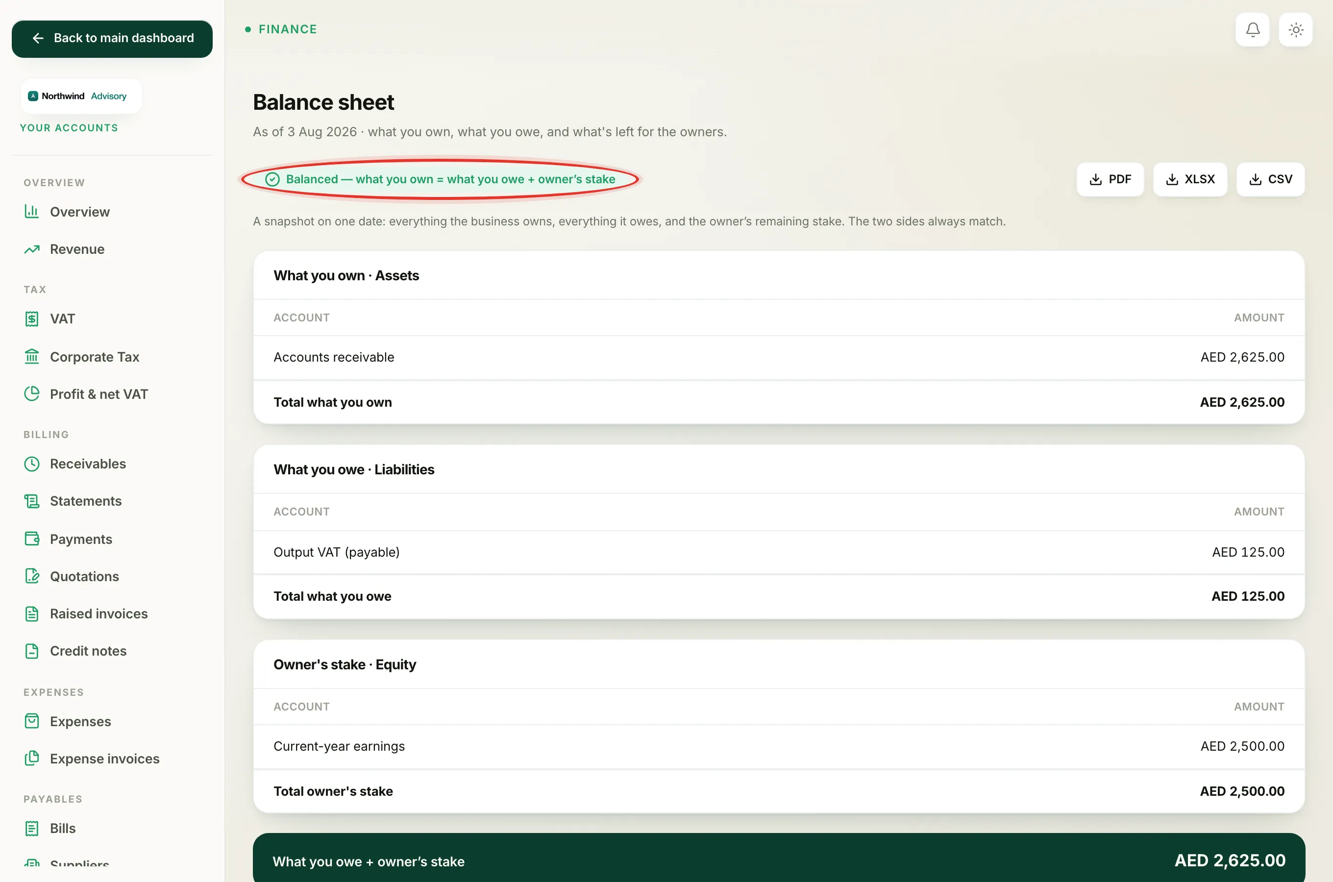 The green Balanced badge at the top of the balance sheet, circled.