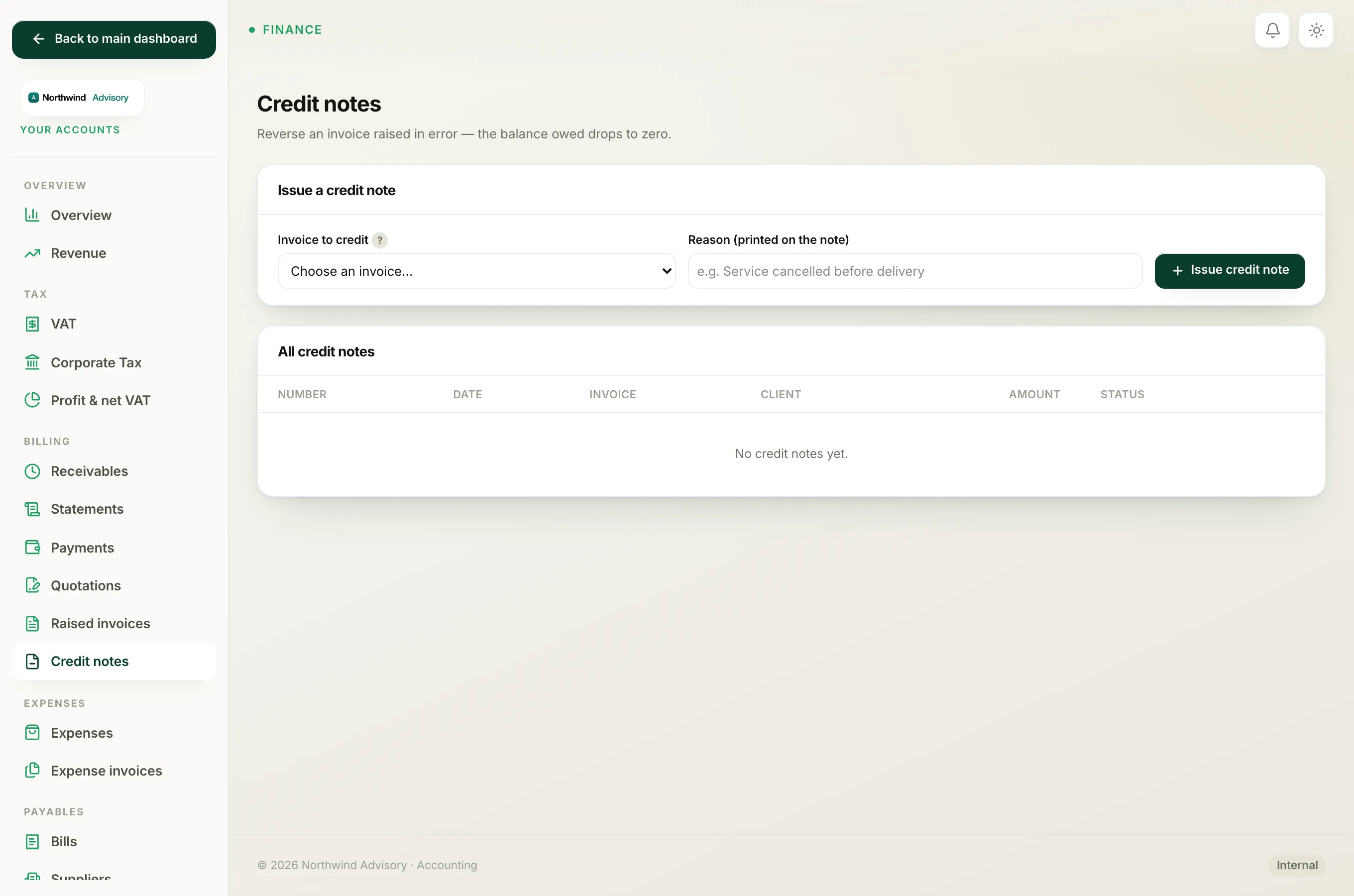 The Credit notes list, where you click a credit note number like CRN-000001 to open it.