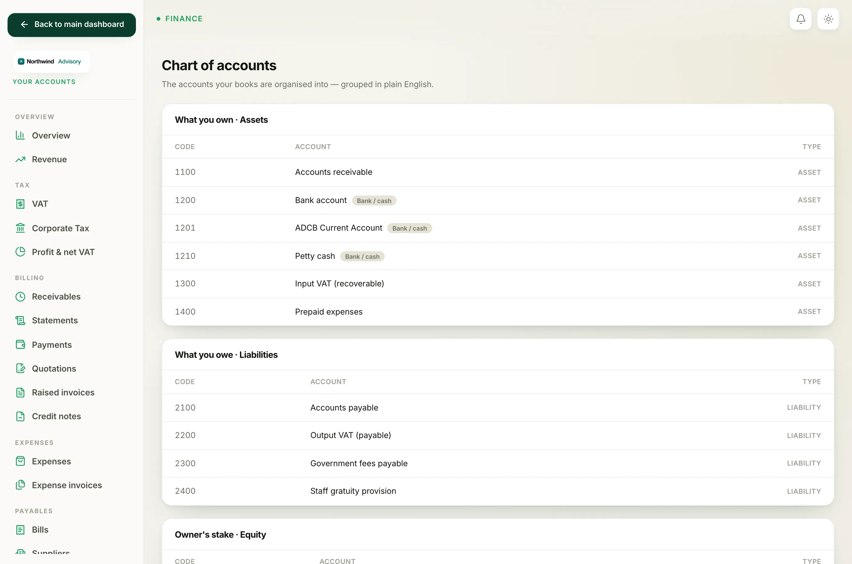 The accounts tables with Code, Account, and Type columns, plus the Bank / cash and Inactive tags.