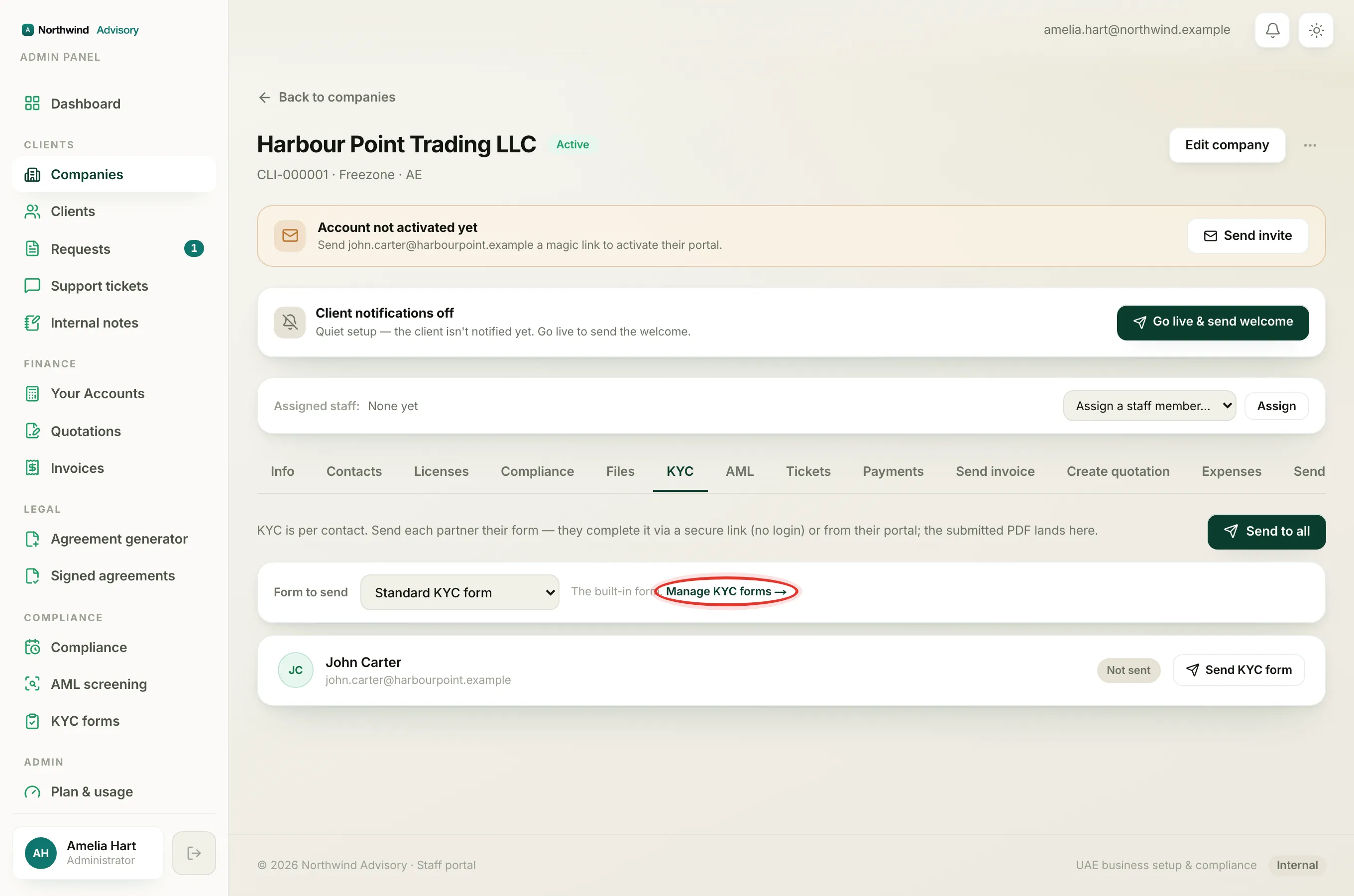 The Manage KYC forms link next to the selector that opens the KYC forms page.