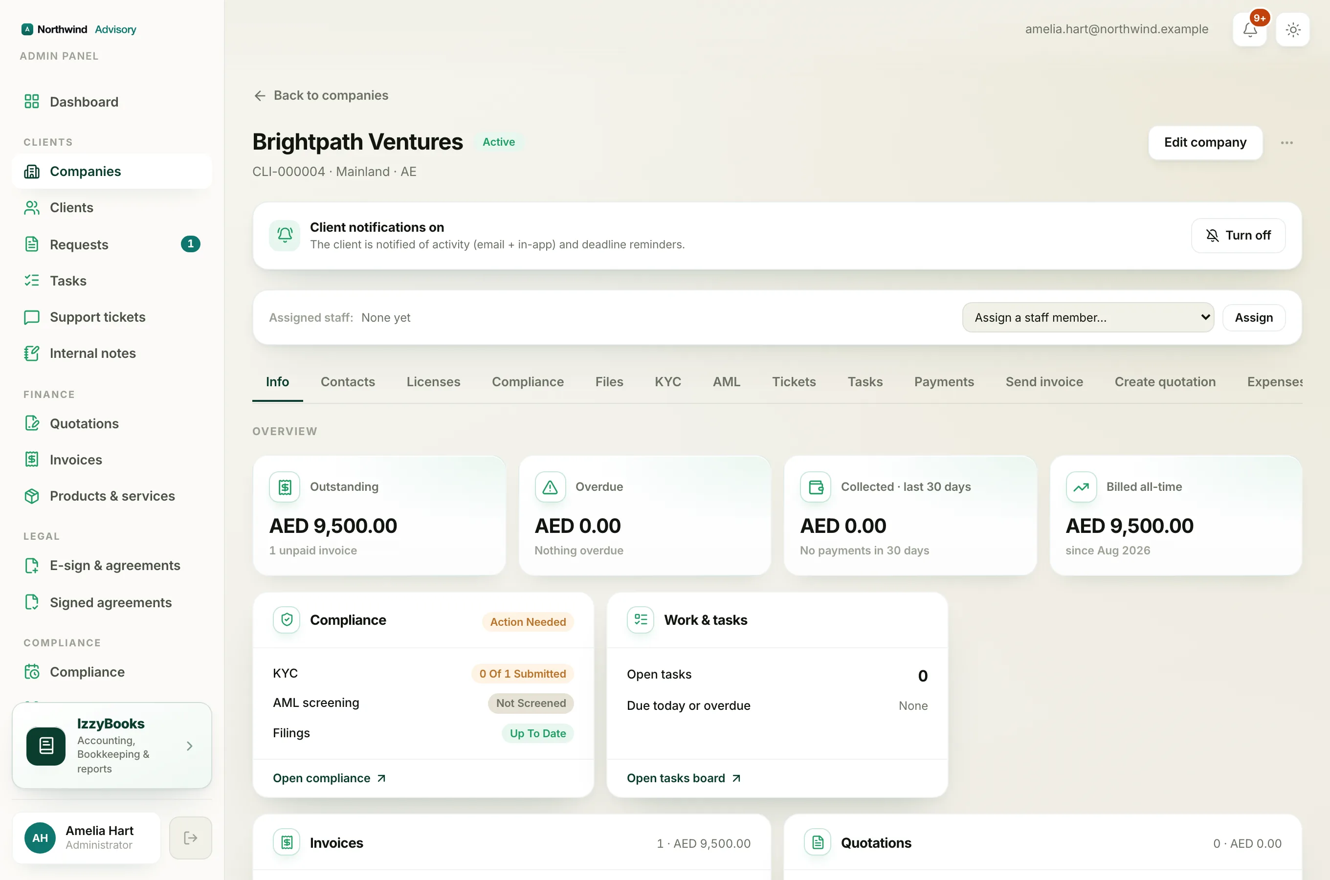 The client overview with the money figures and the cards below