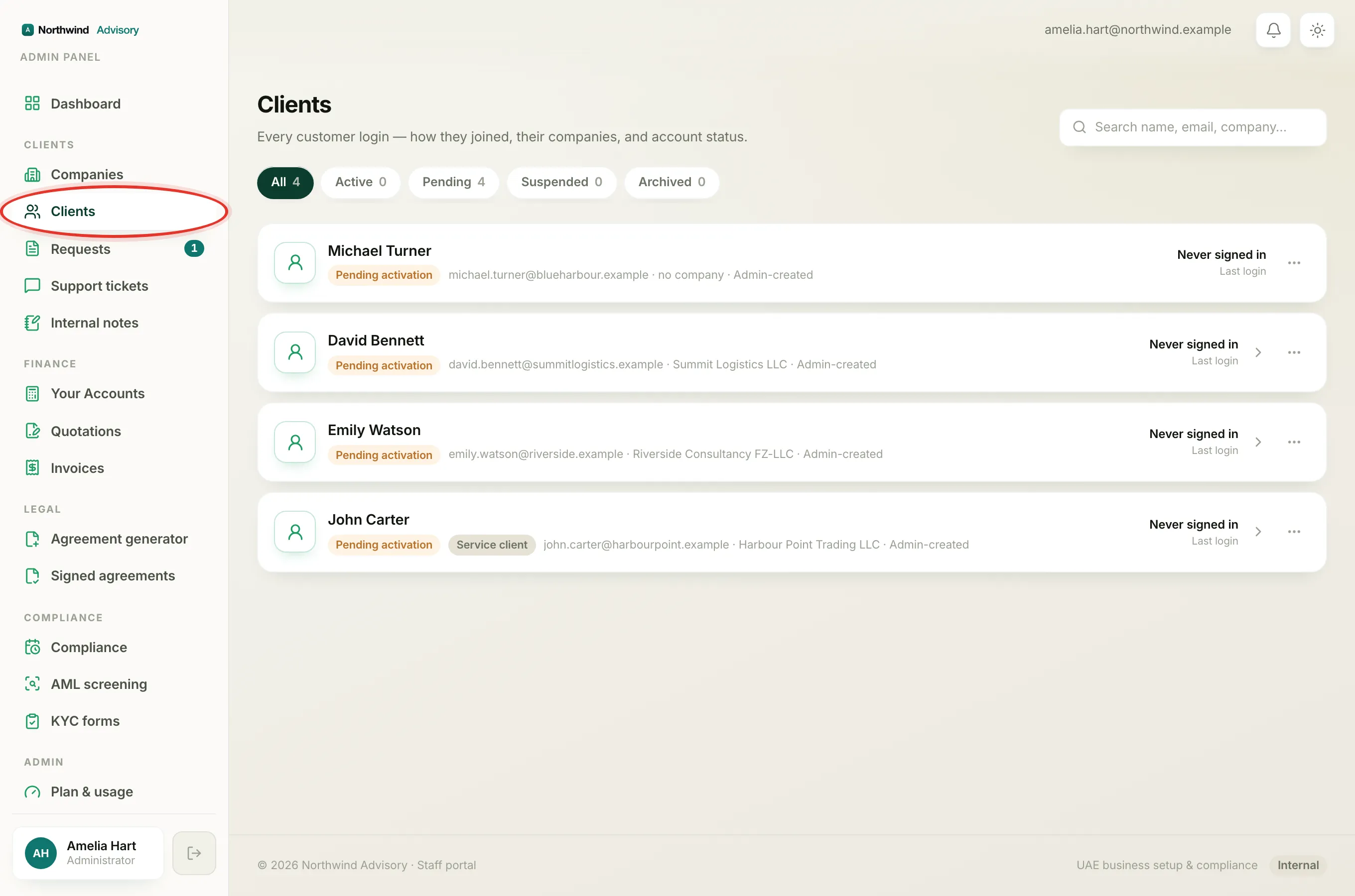 The Clients list opened from the left menu, with one card per person.
