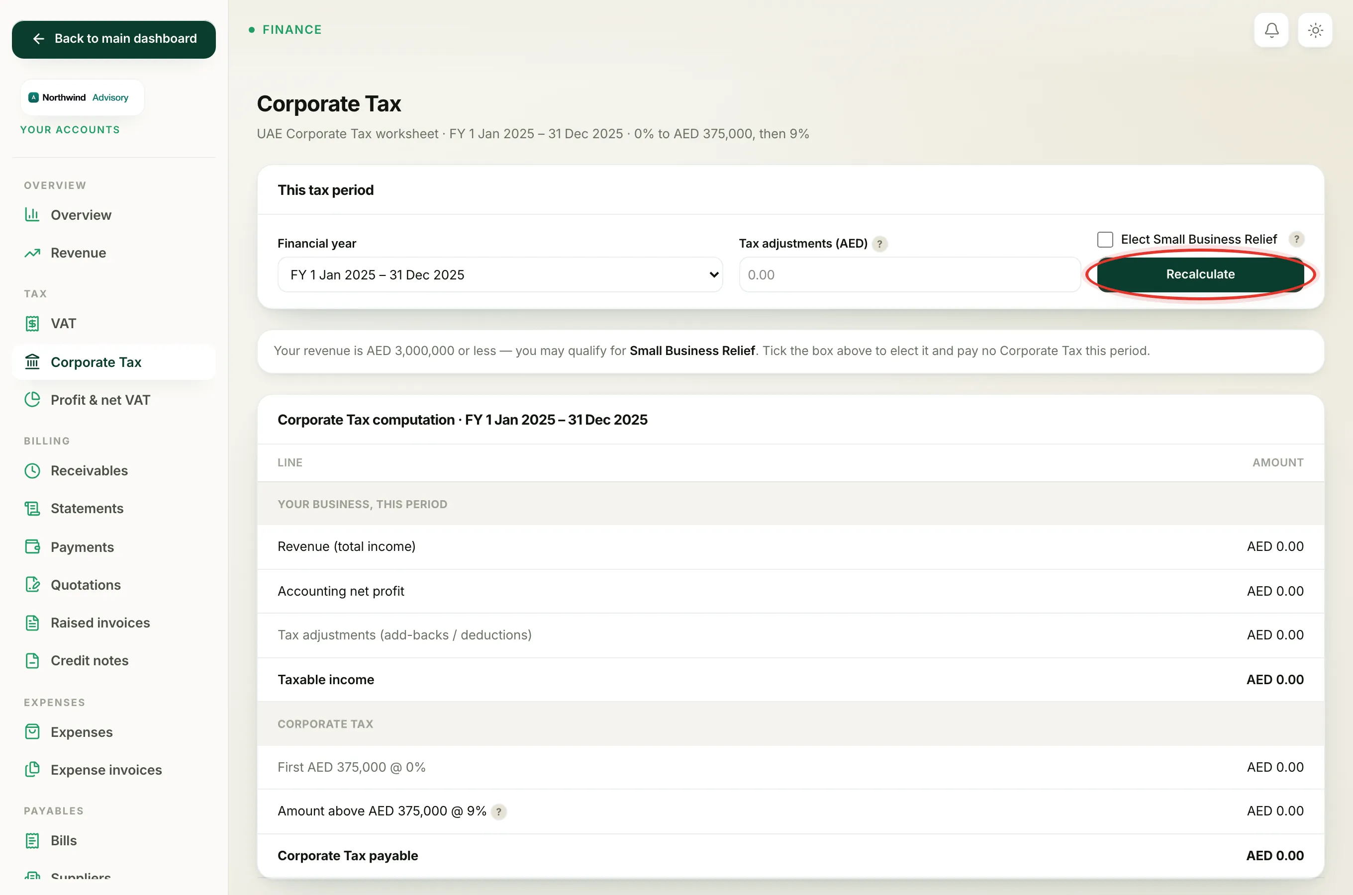 After typing your add-back or deduction figure, click Recalculate to update the taxable income row on the worksheet.
