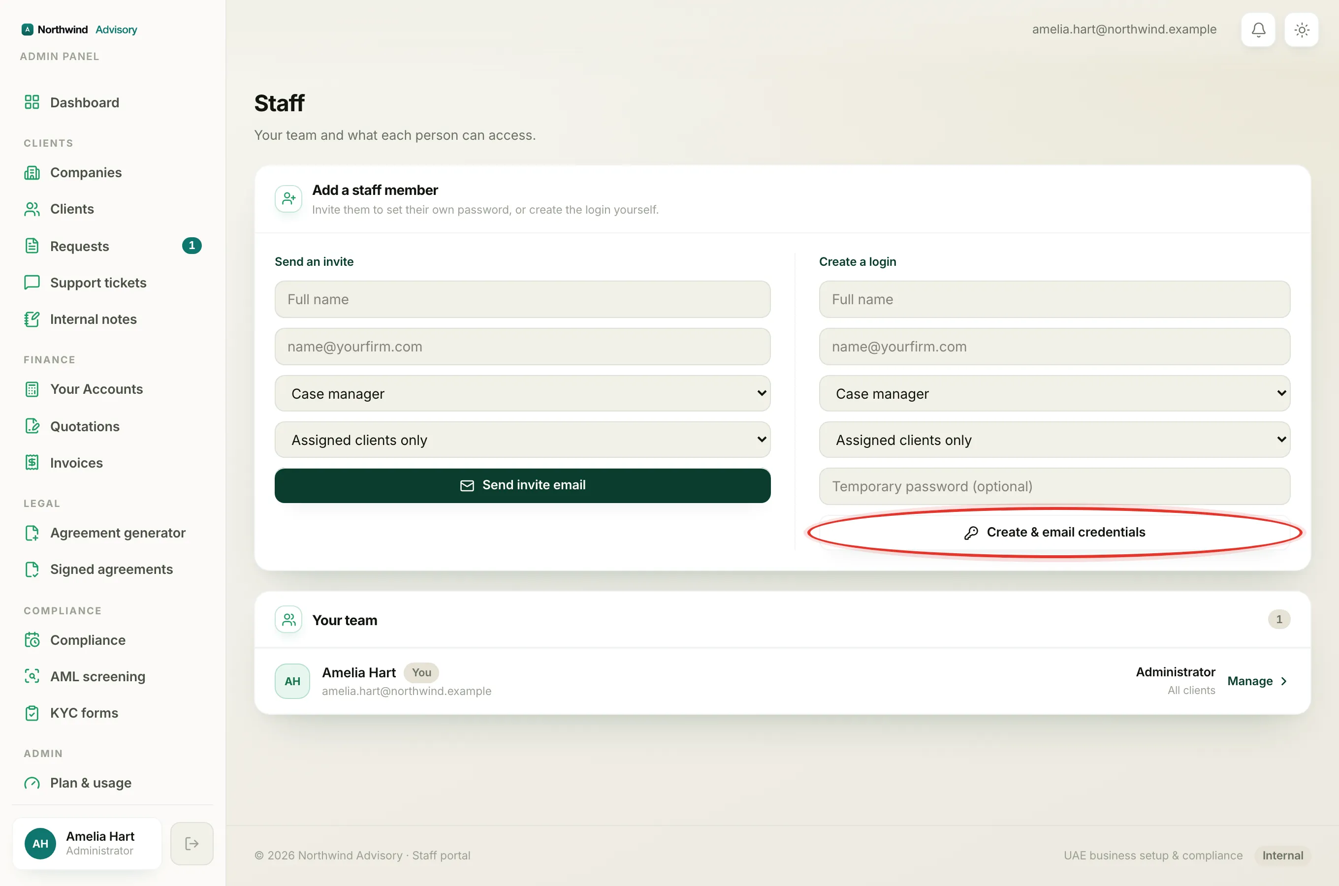 The Create a login column with name, email, role, scope and temporary password fields.