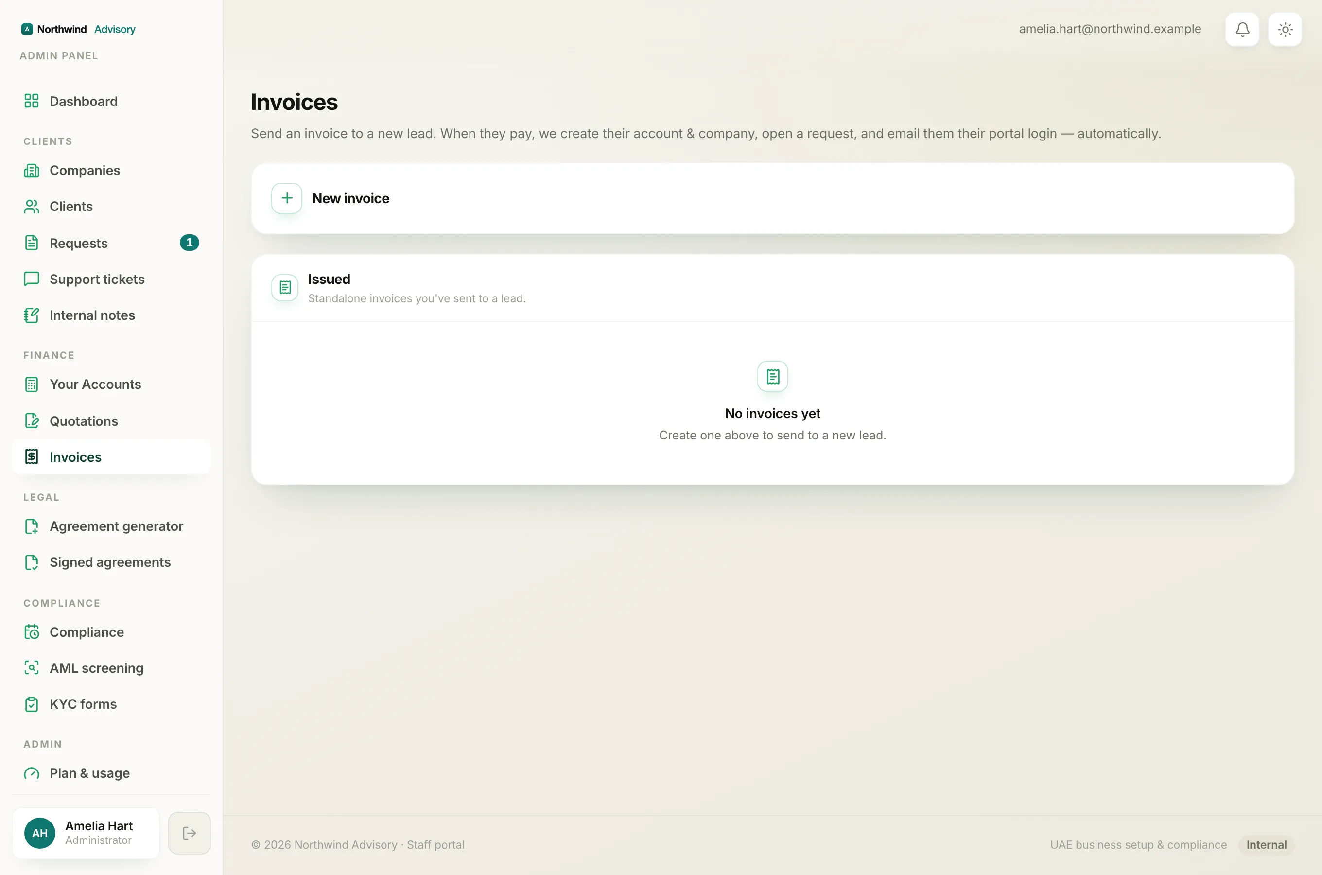 The Invoices list where each invoice shows a status chip telling you whether it is draft, sent, overdue or paid.