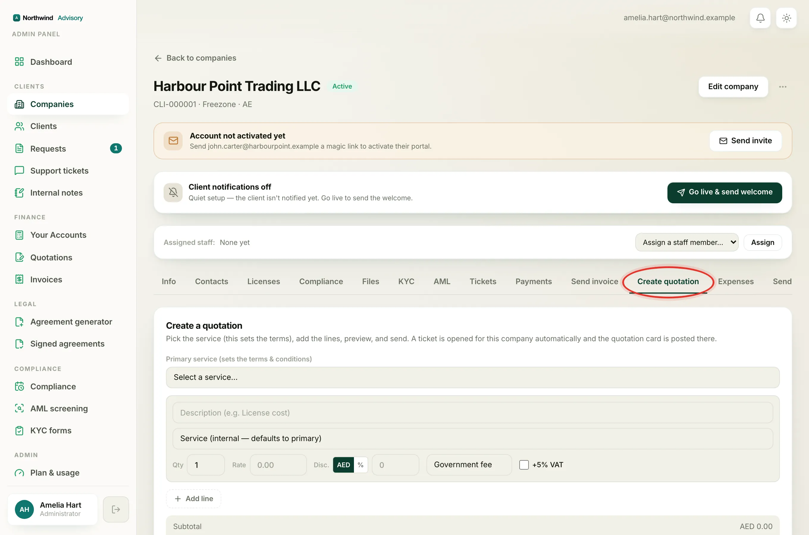 The Create quotation tab, where the firm can raise a fresh quote if a client declined by mistake.