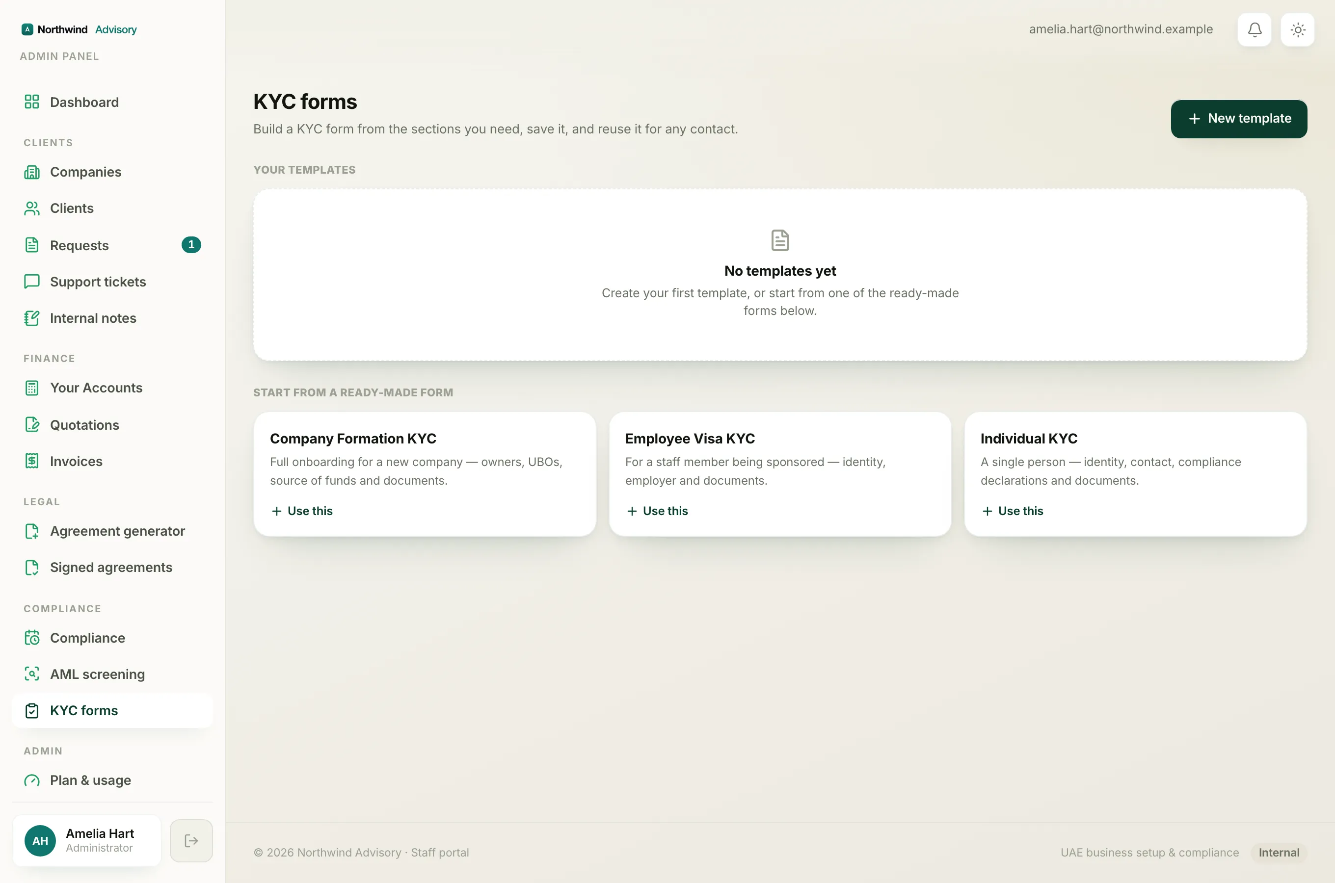 The Your templates list on the KYC forms page, where each card has Send, Edit and a bin icon.