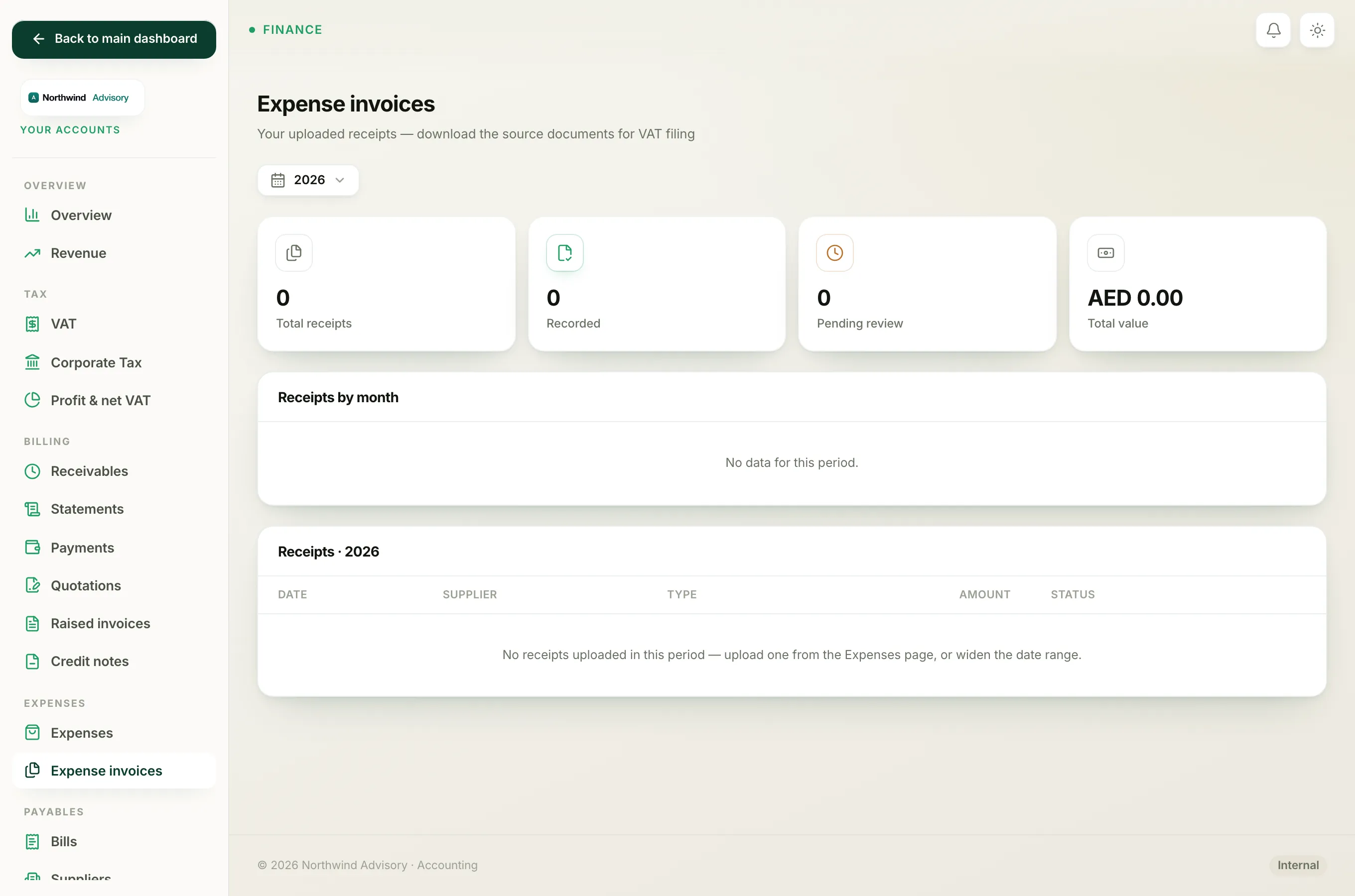 The Expense invoices page showing the Total receipts, Recorded, Pending review and Total value tiles.