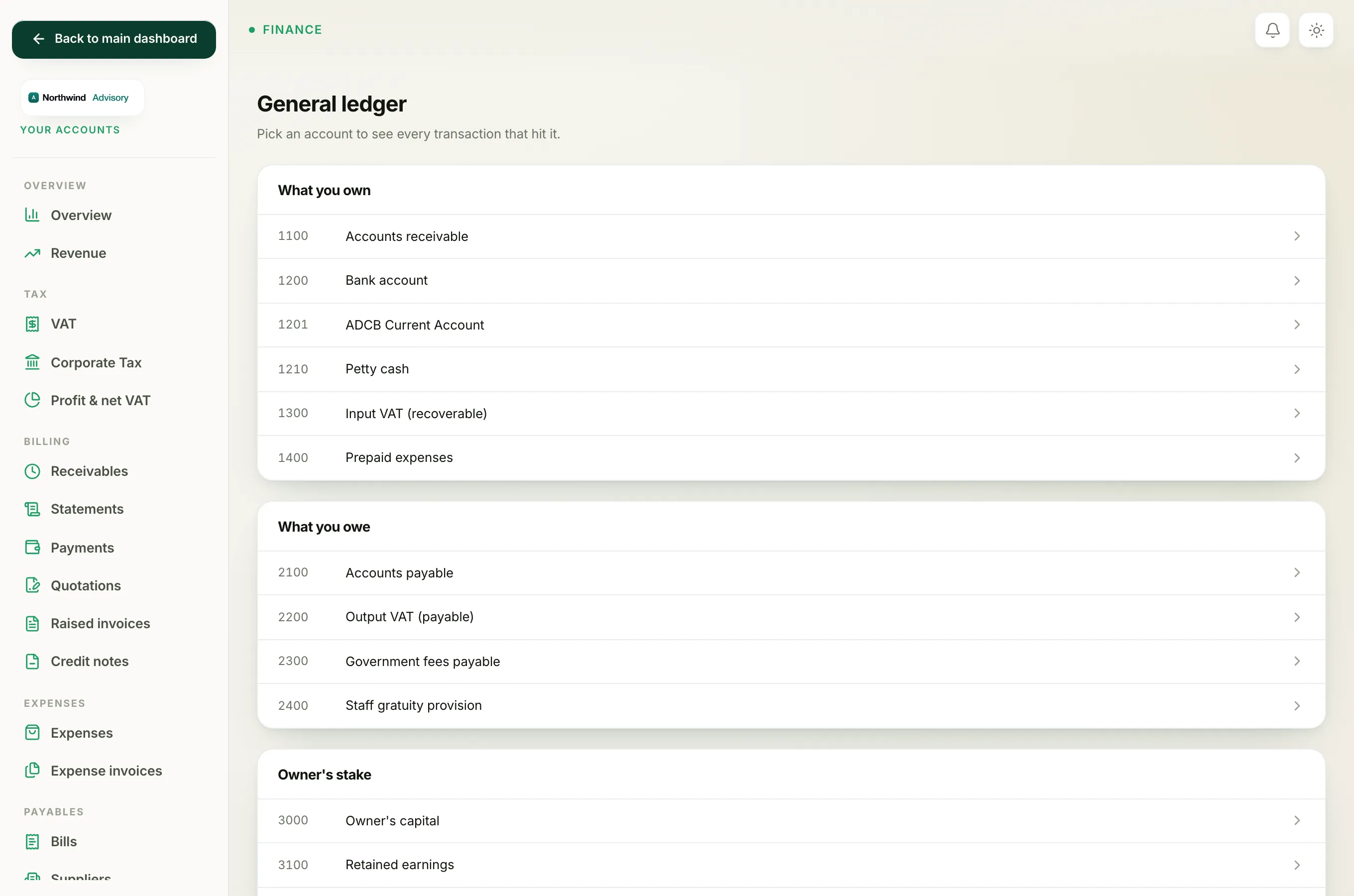 The account list grouped into what you own, what you owe, owner's stake, income and expenses.