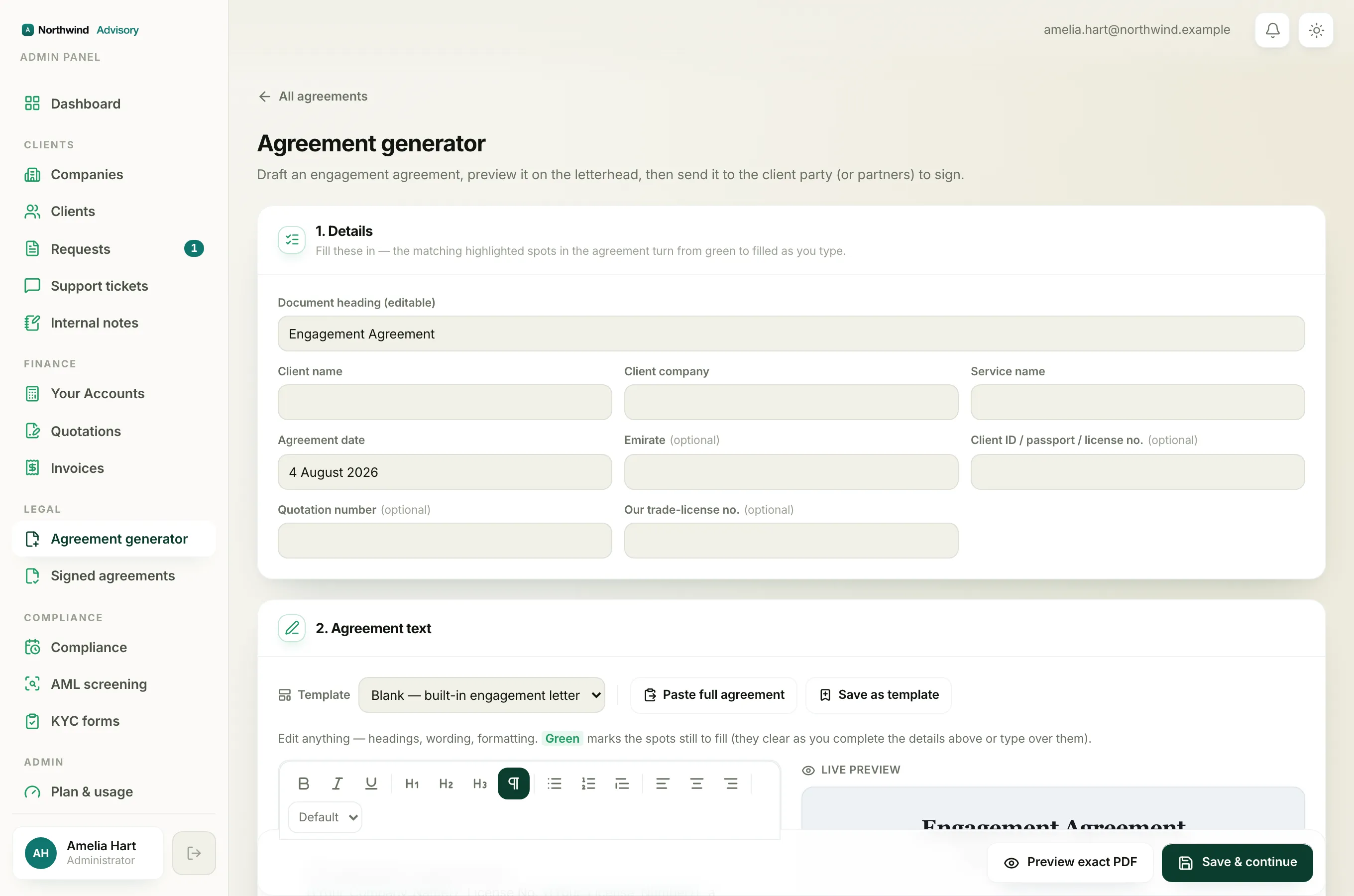 From the Agreement generator, click Manage templates to see all of your saved templates in one place.