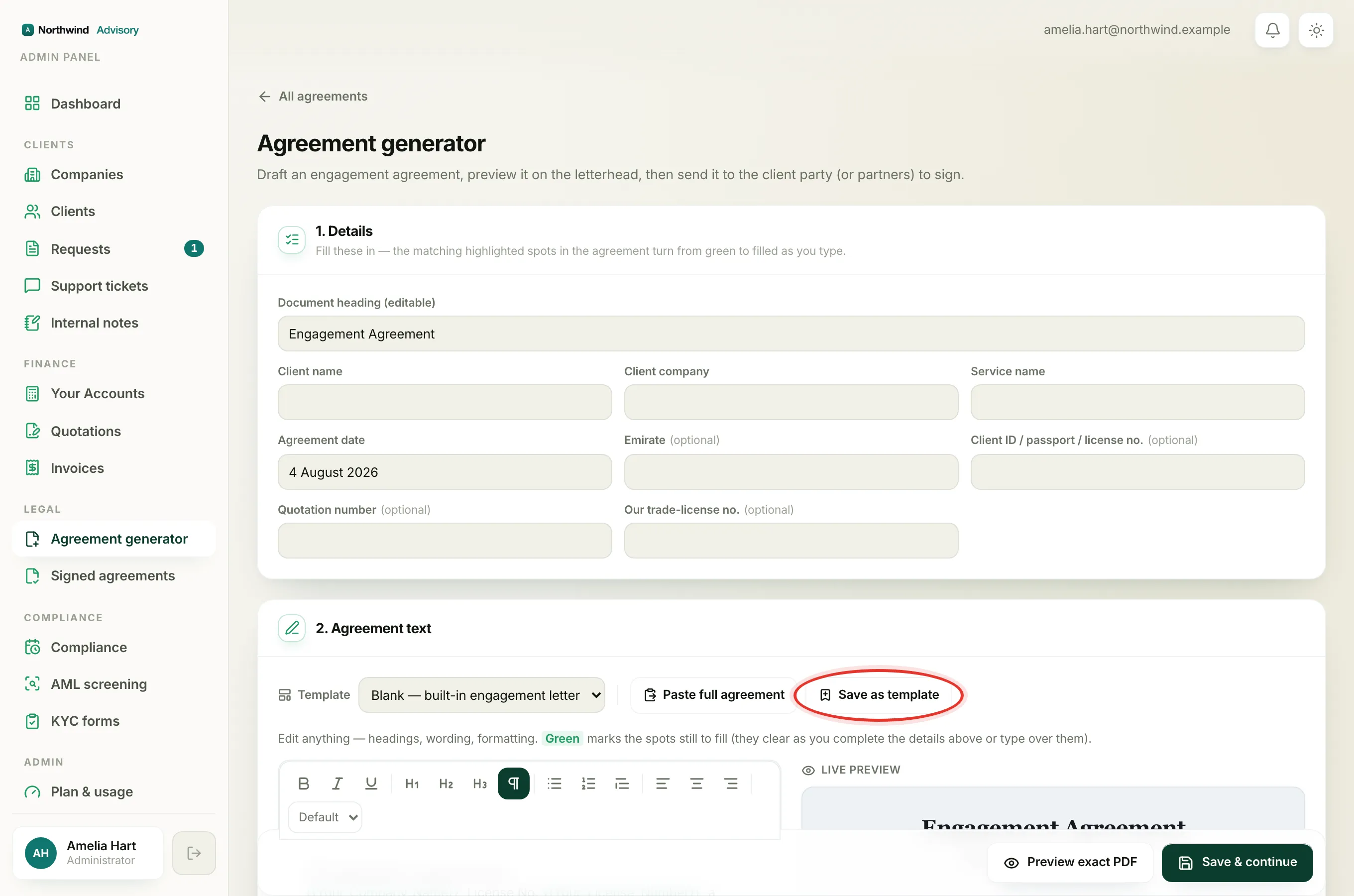 Change the wording or title in the builder, then click Save as template so only future agreements use the new version.