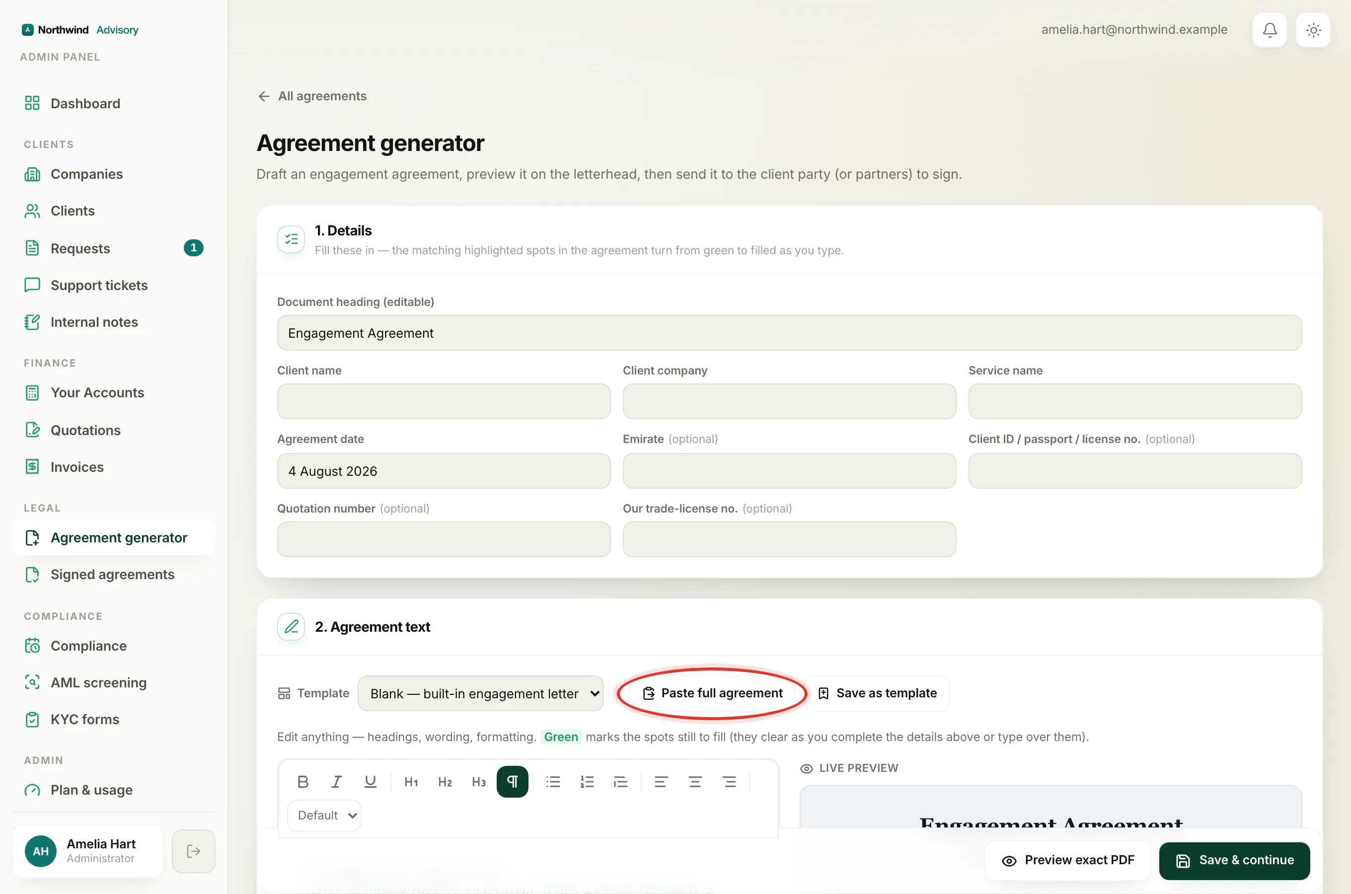 The Paste full agreement button for bringing in wording you already wrote elsewhere.