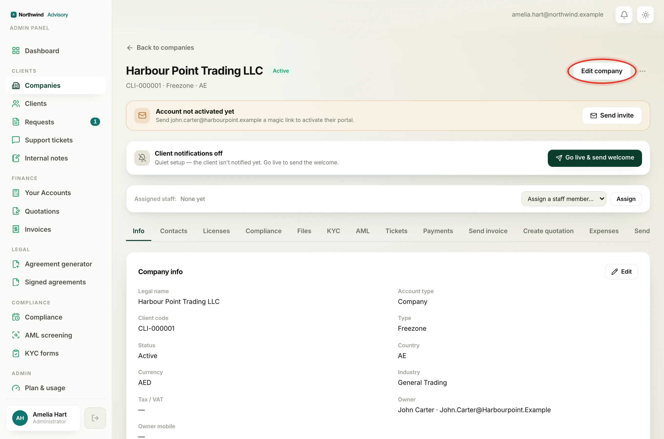 A company profile with the Info tab open. The Edit company button is circled.