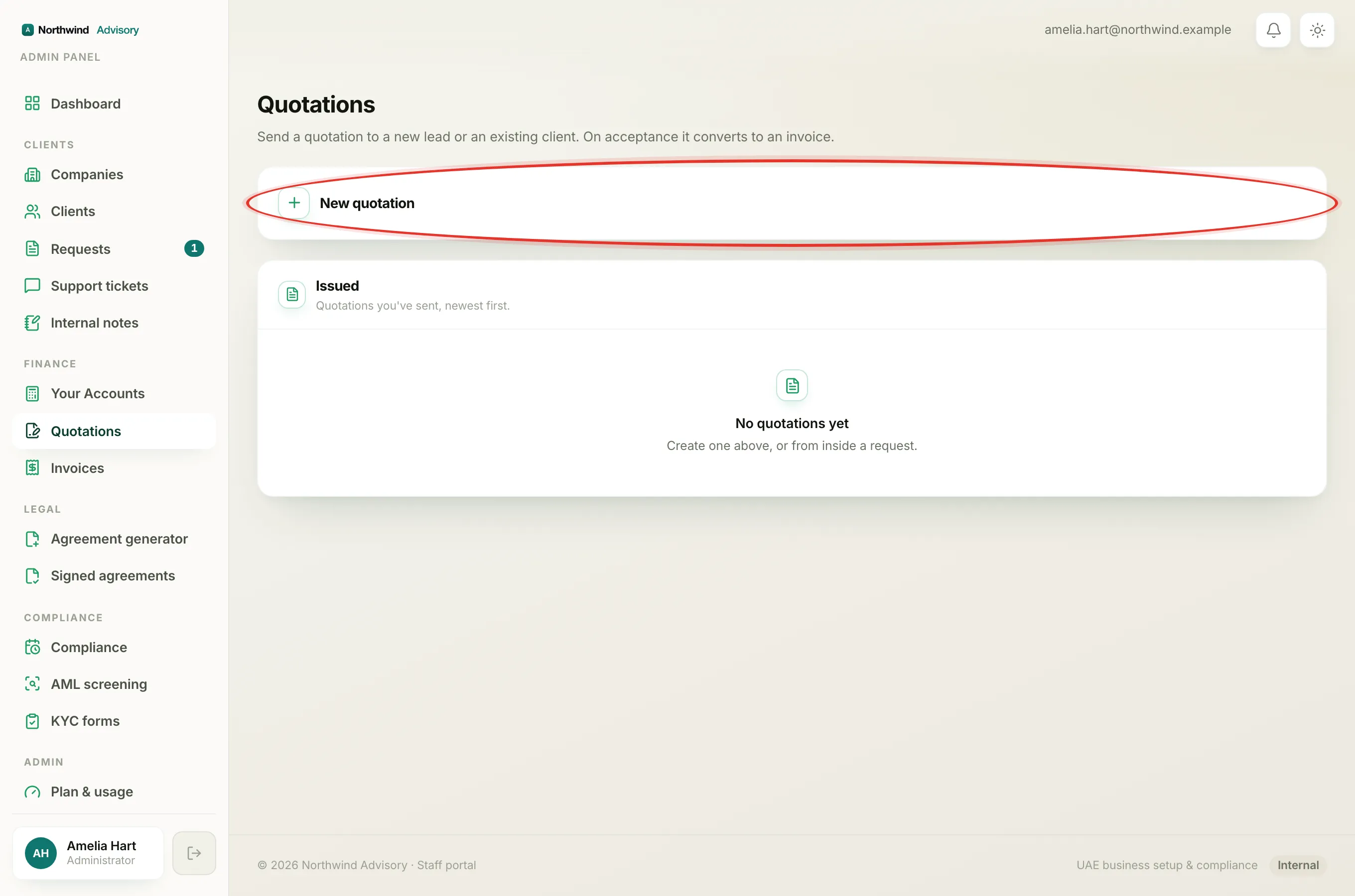 The Quotations page, where you click New quotation to open the builder.