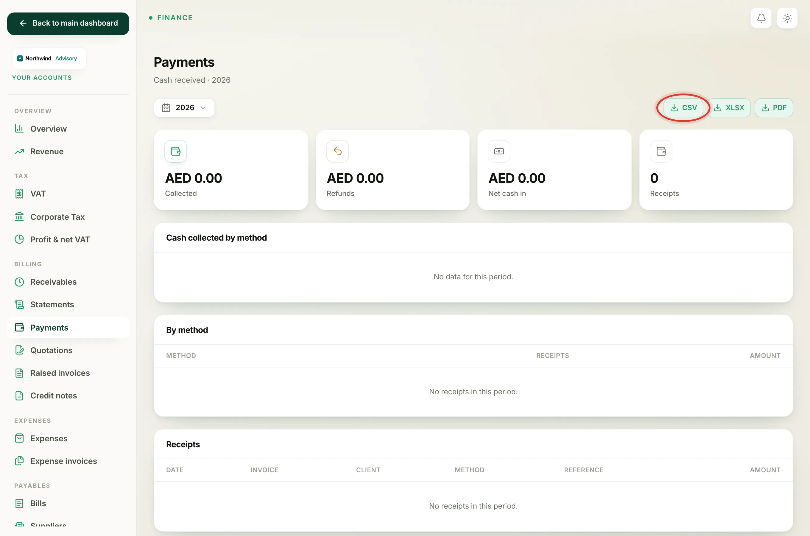 Set the date range at the top, then click CSV to download all receipts for that period.