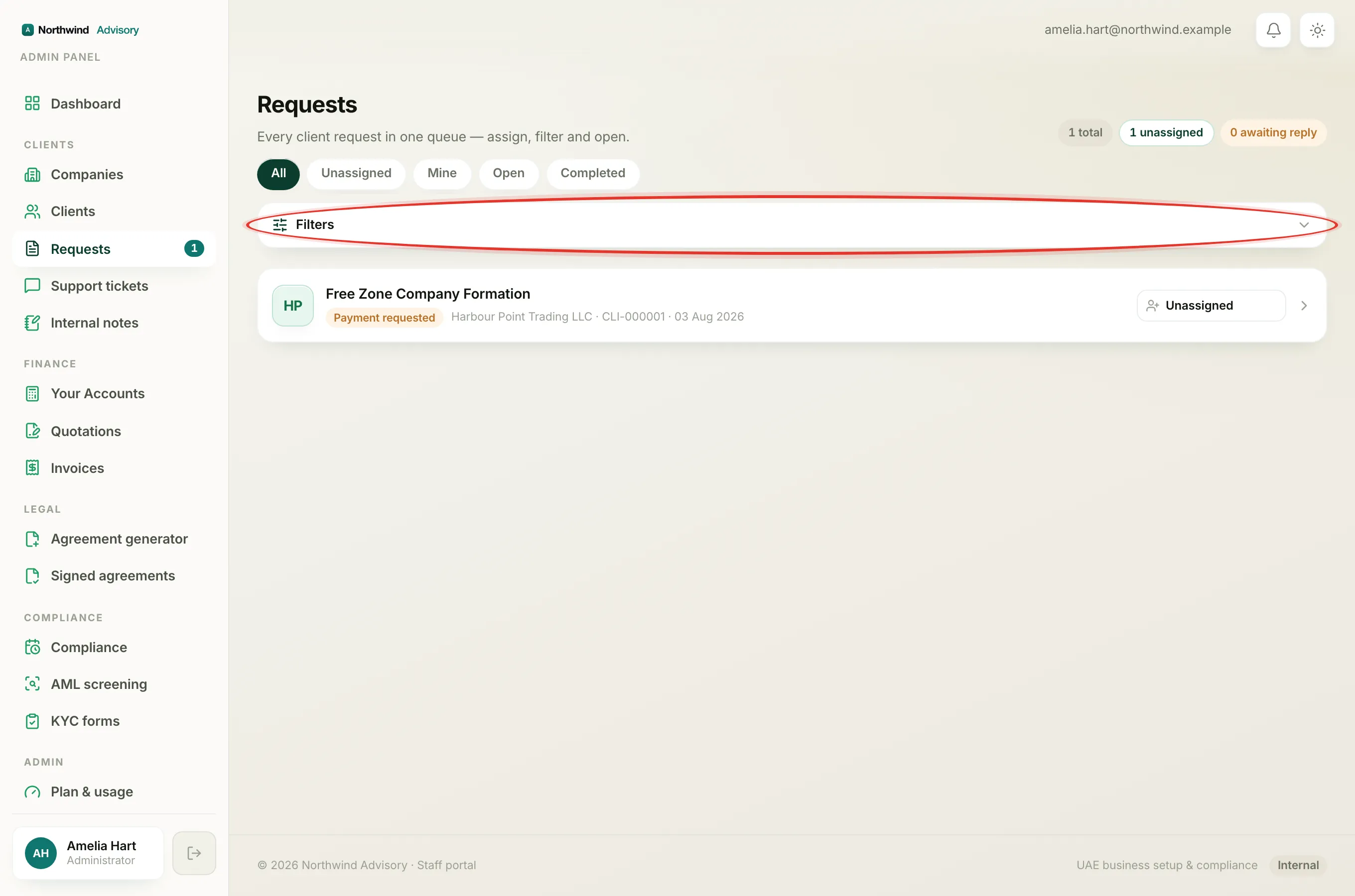The Requests inbox with the Filters button used to open the panel.