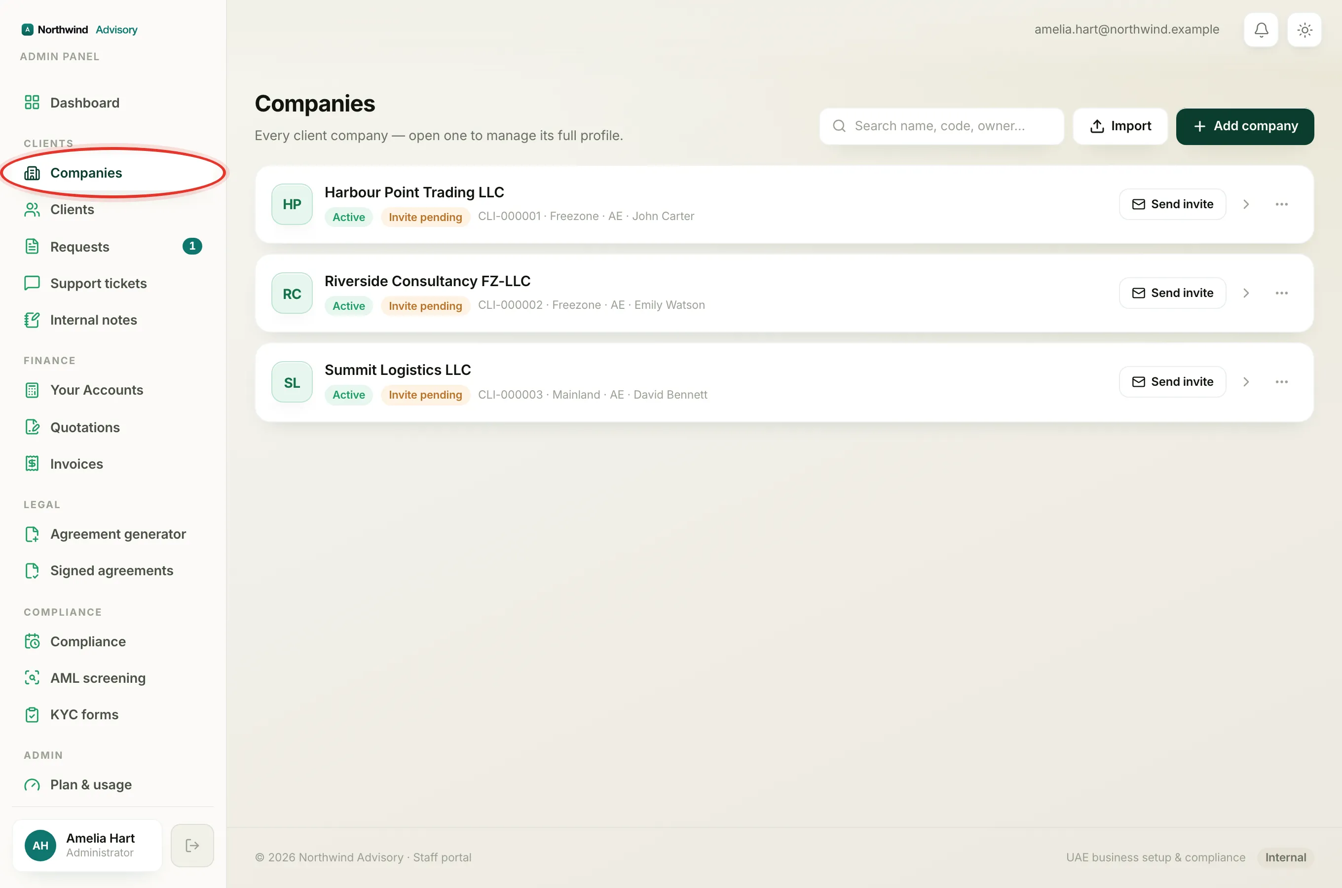 The full Companies list opened from the Clients group in the left menu.