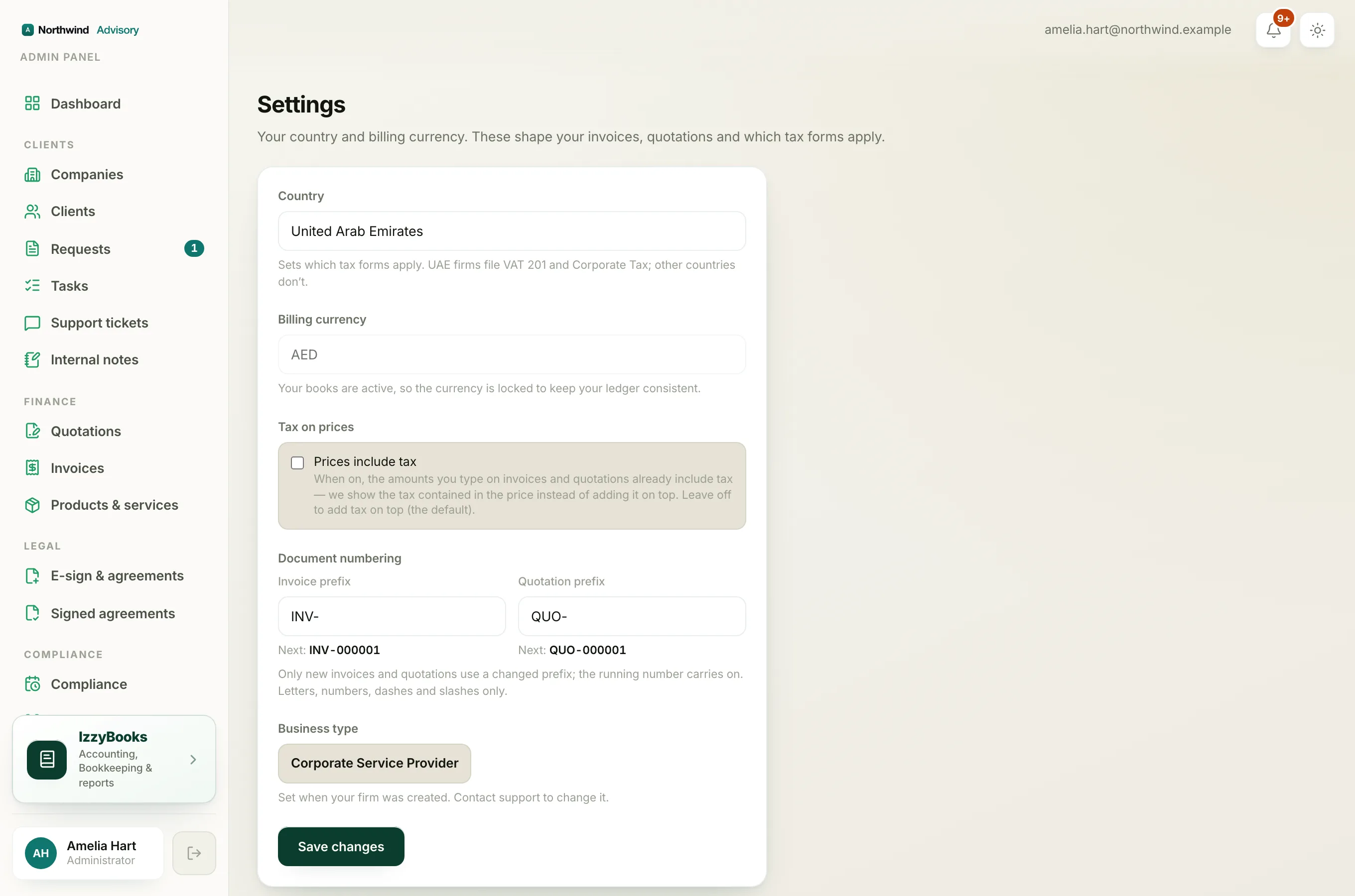 The firm settings page