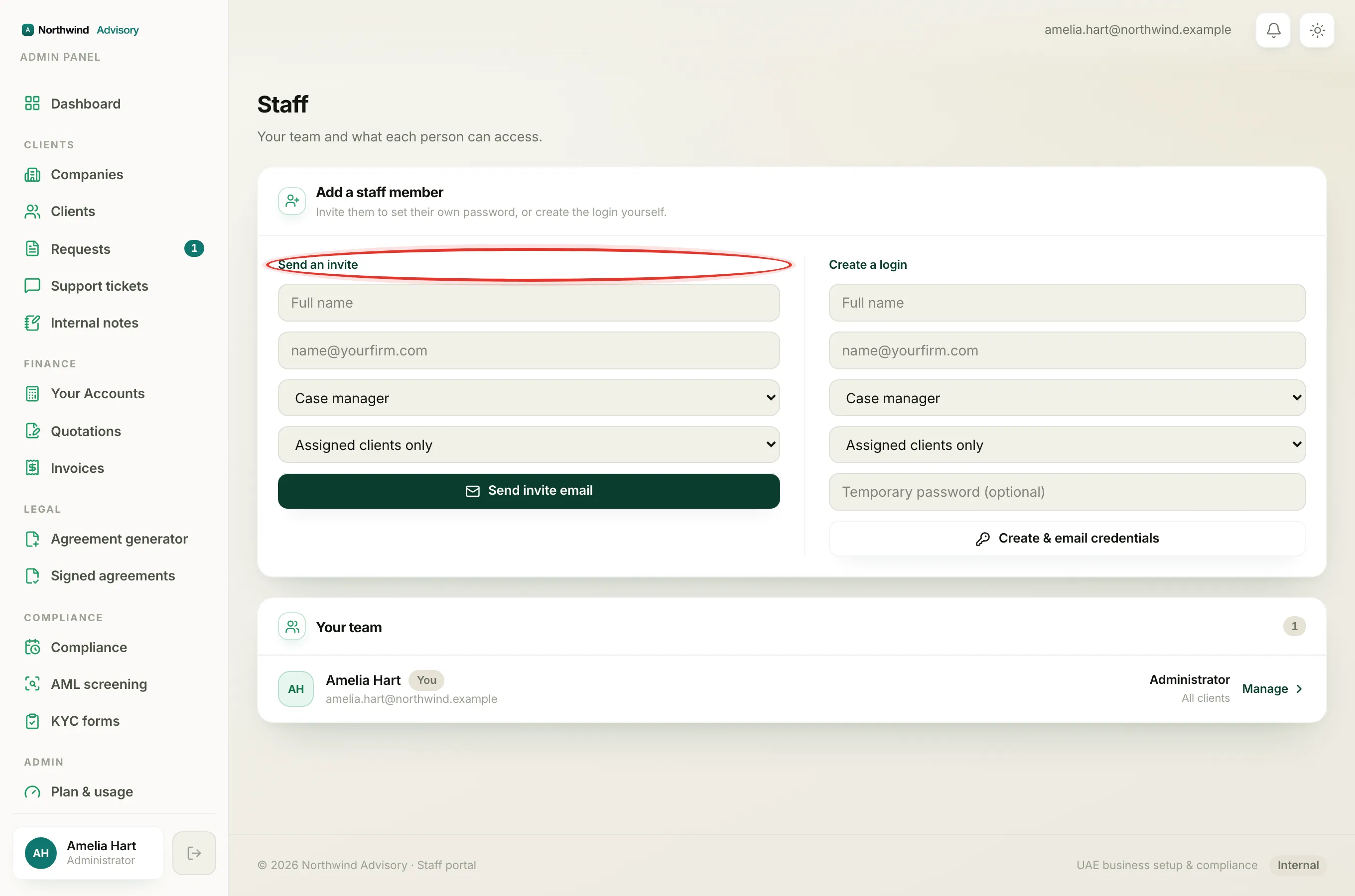 The Add a staff member panel, where re-sending an invite to an existing teammate is refused with an already a staff member message.