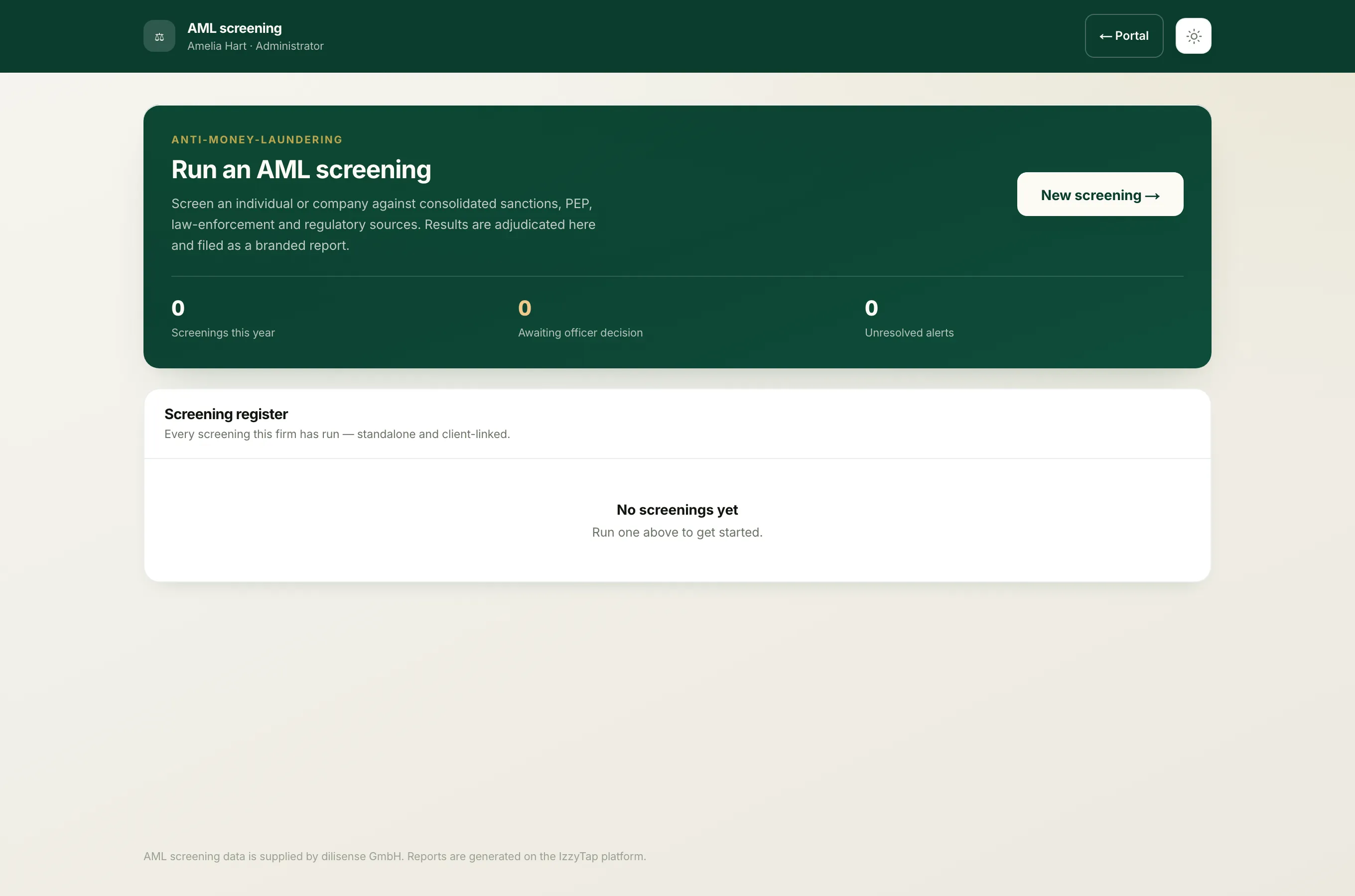 The AML screening list; open a screening to see its overall risk level on the Adjudicated tile.