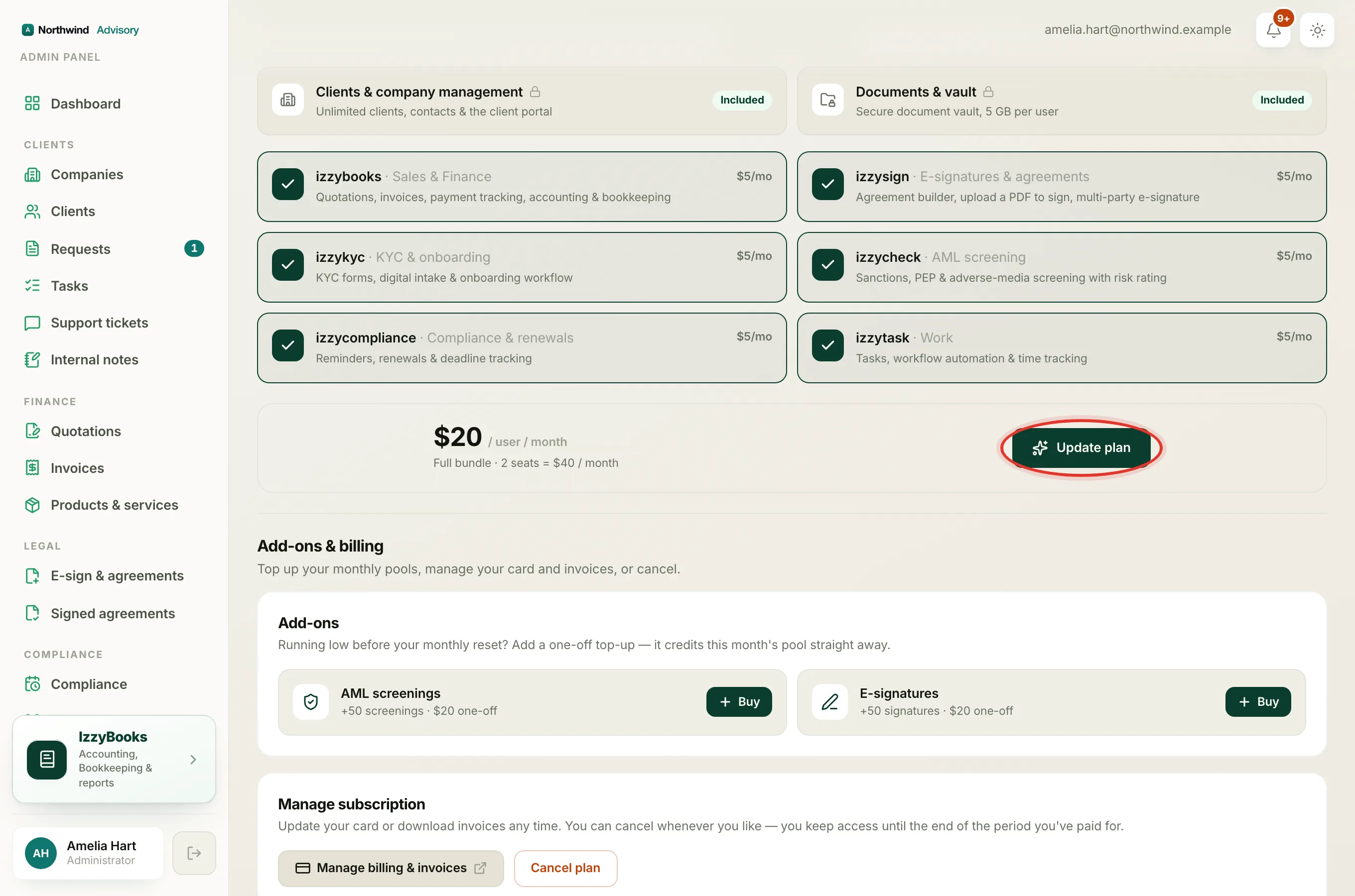The plan builder with a module being added and the Update plan button