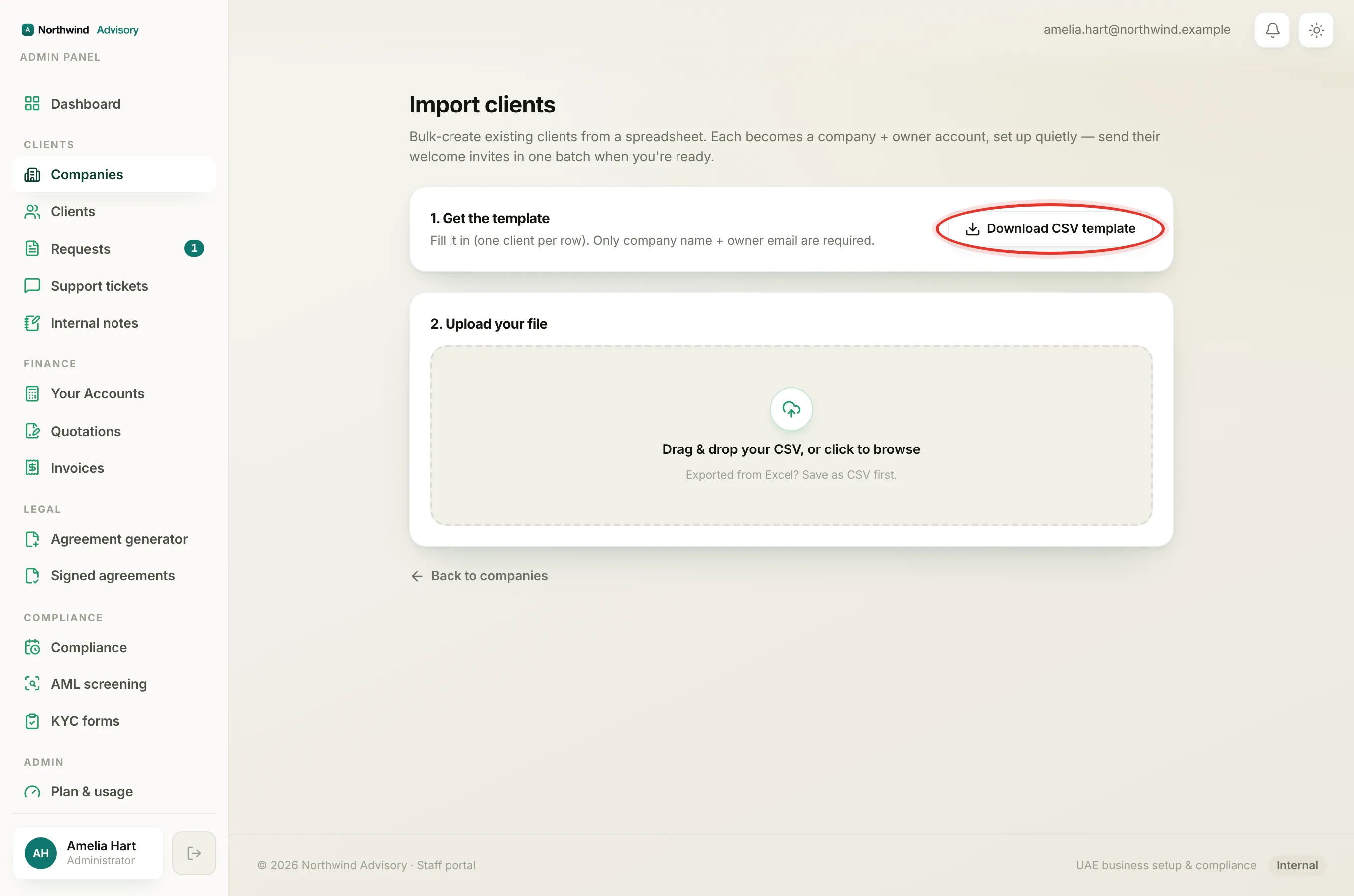 The Import clients page. The Download CSV template button is circled.