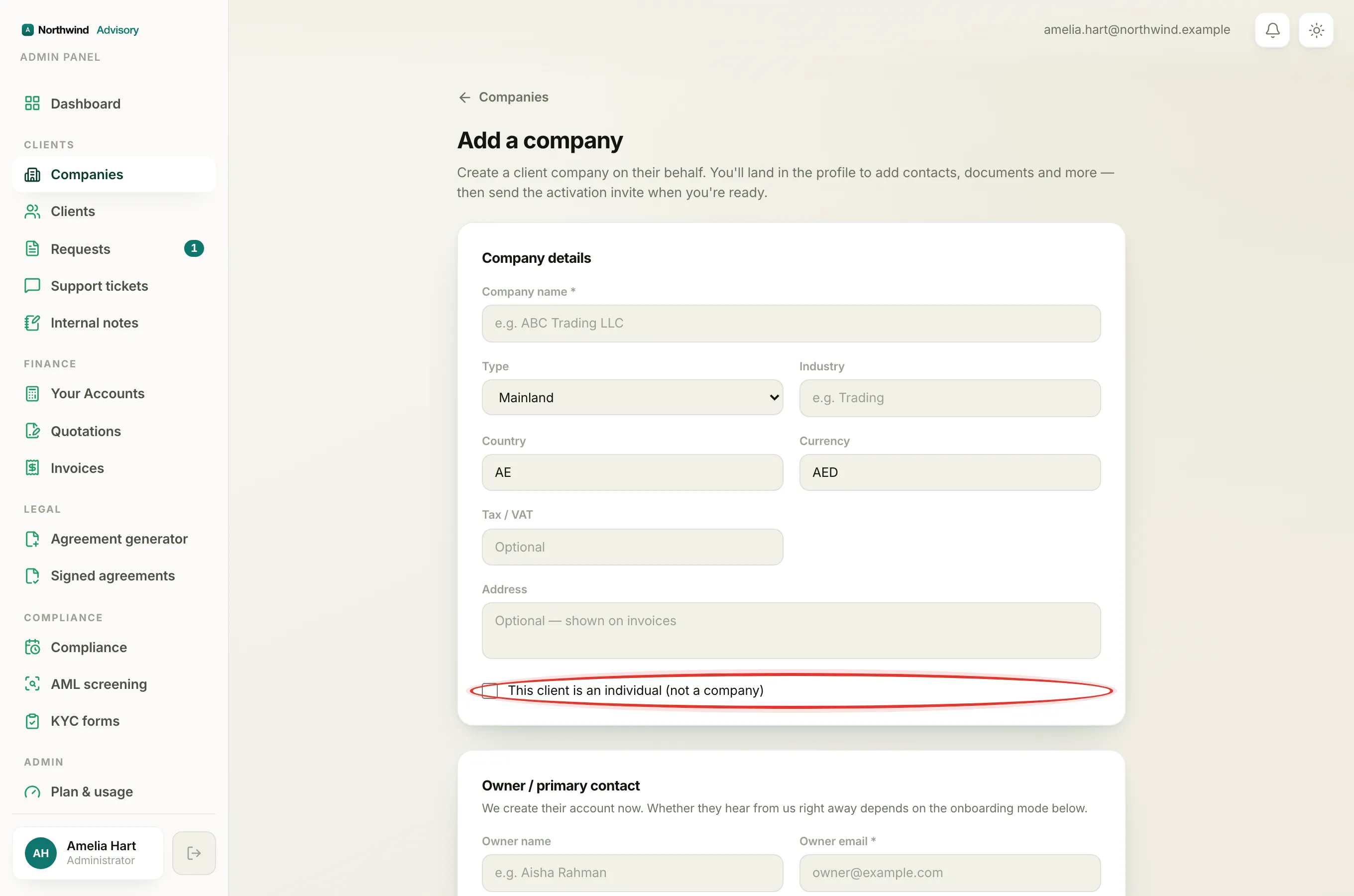 The Add company form with the tick-box that marks a client as an individual.