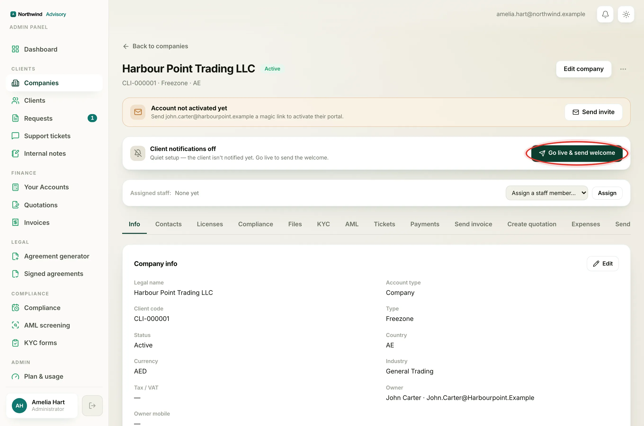 The Client notifications control on the company page, with Go live & send welcome circled.