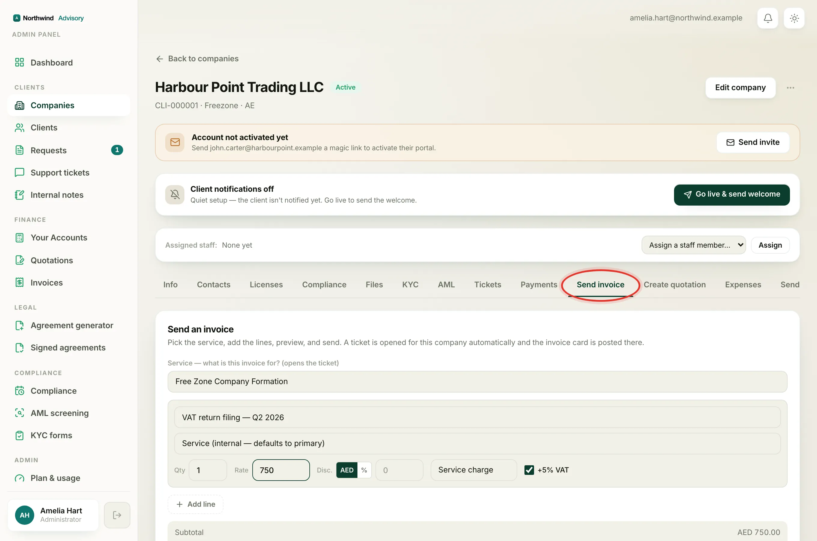 A company page with the Send invoice tab open