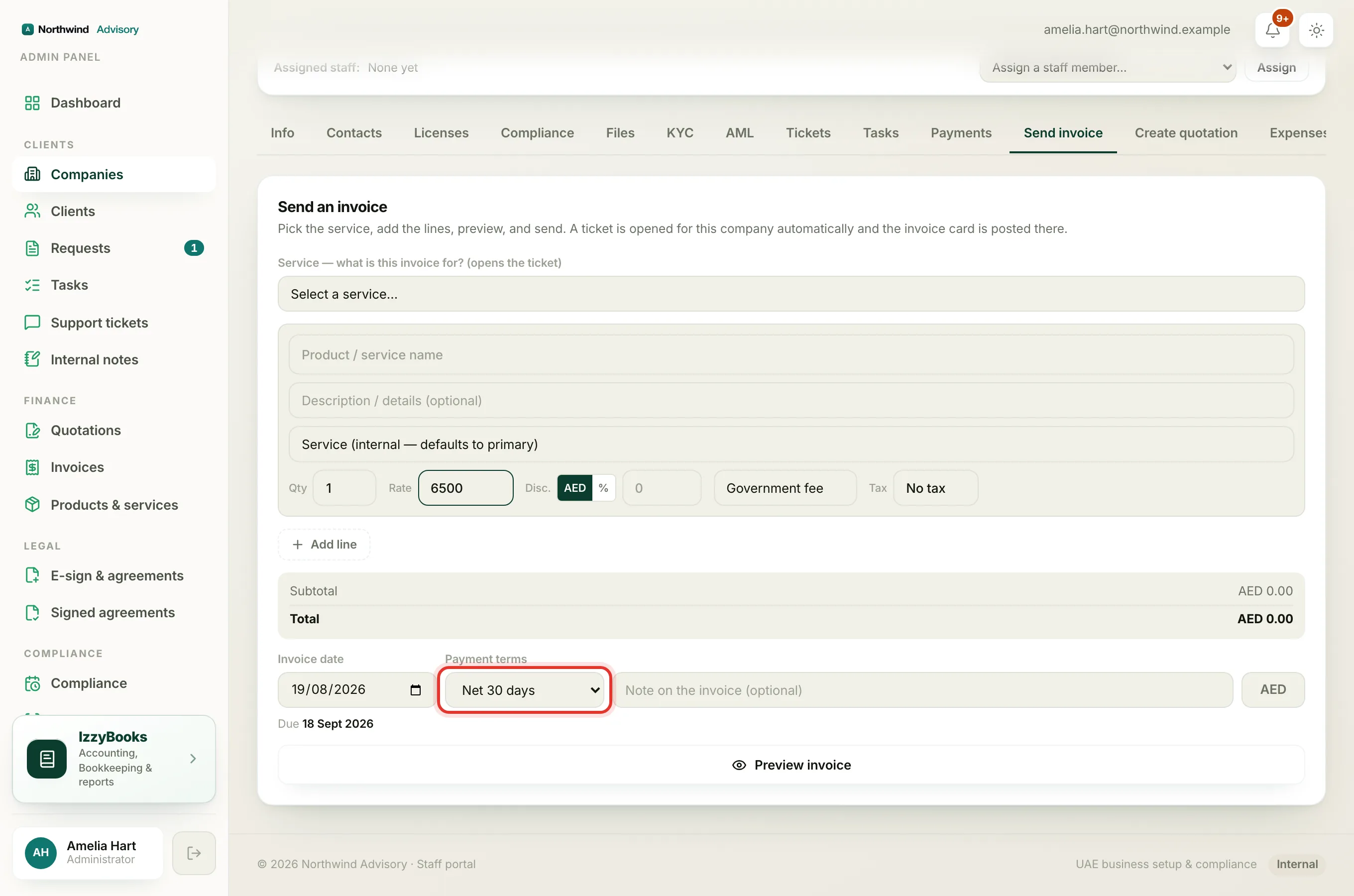 The payment terms dropdown with the due date shown below it