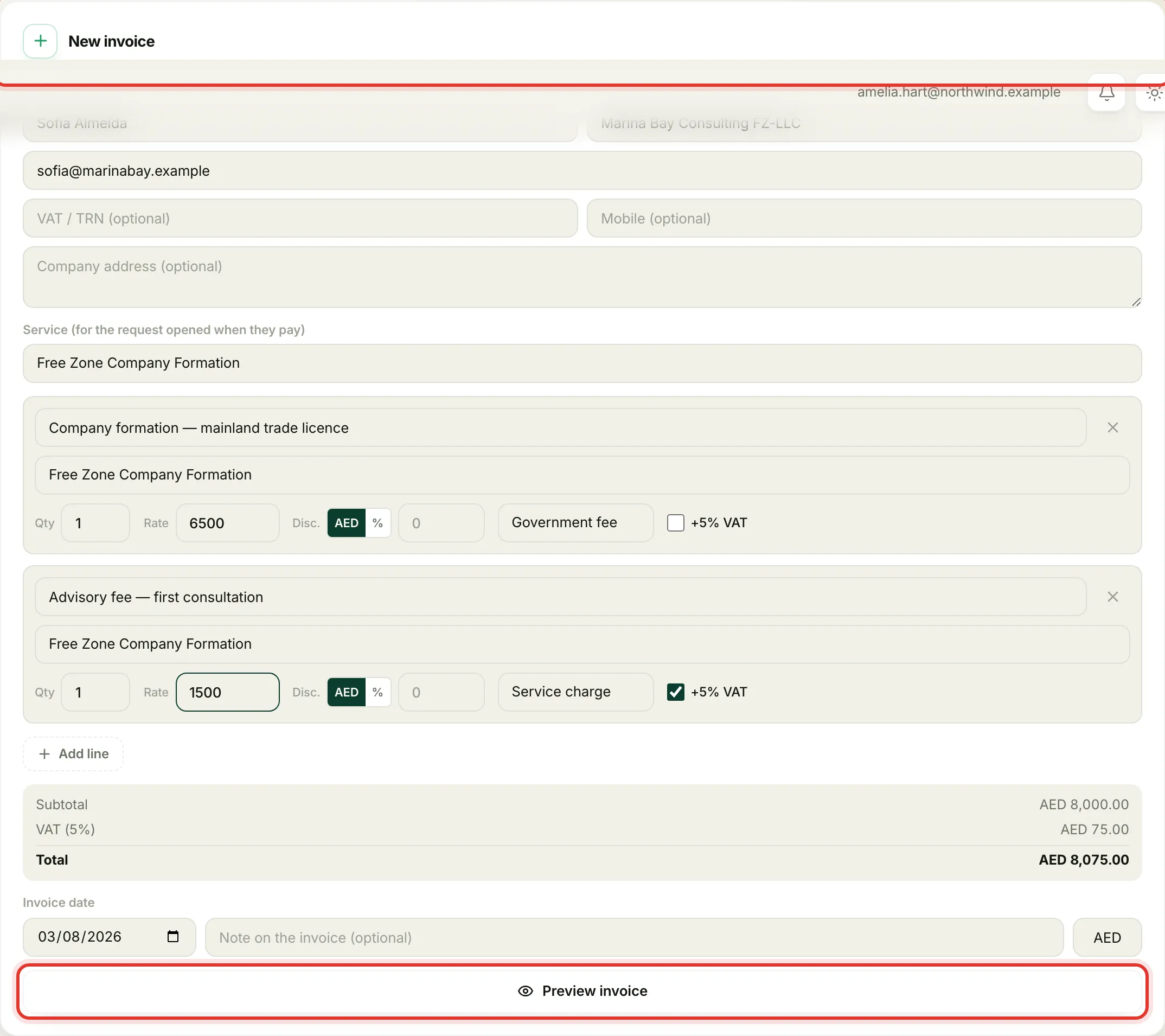 The new invoice builder with a client, two line items, and the running totals