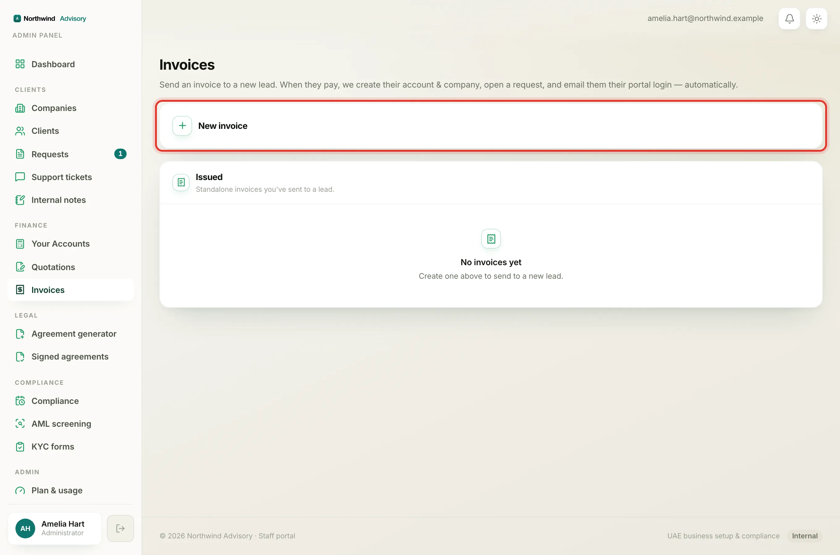 The Invoices page, opened from the Finance section of the left menu