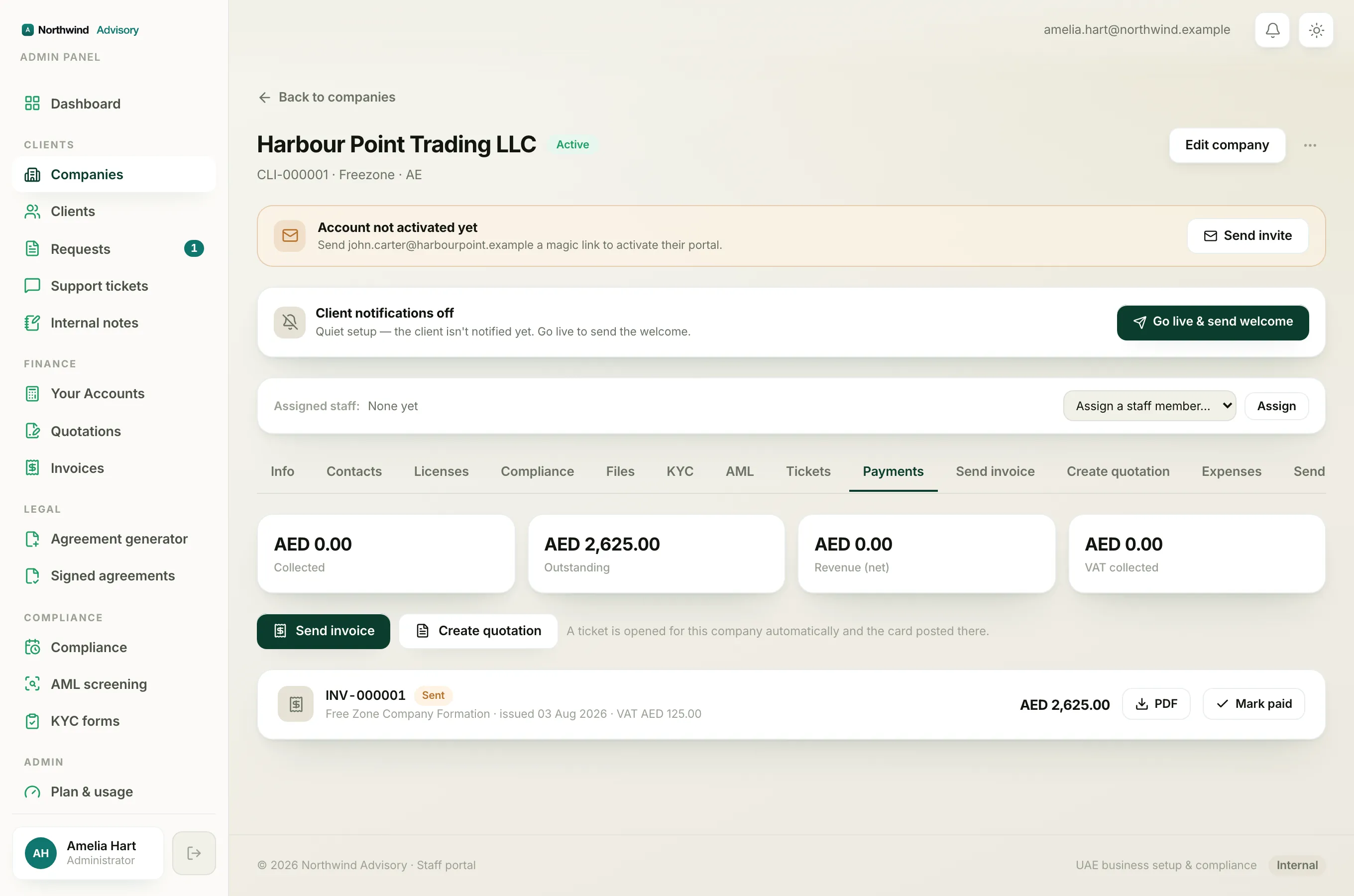 A company's Payments tab, where each invoice carries a status chip telling you where it stands.