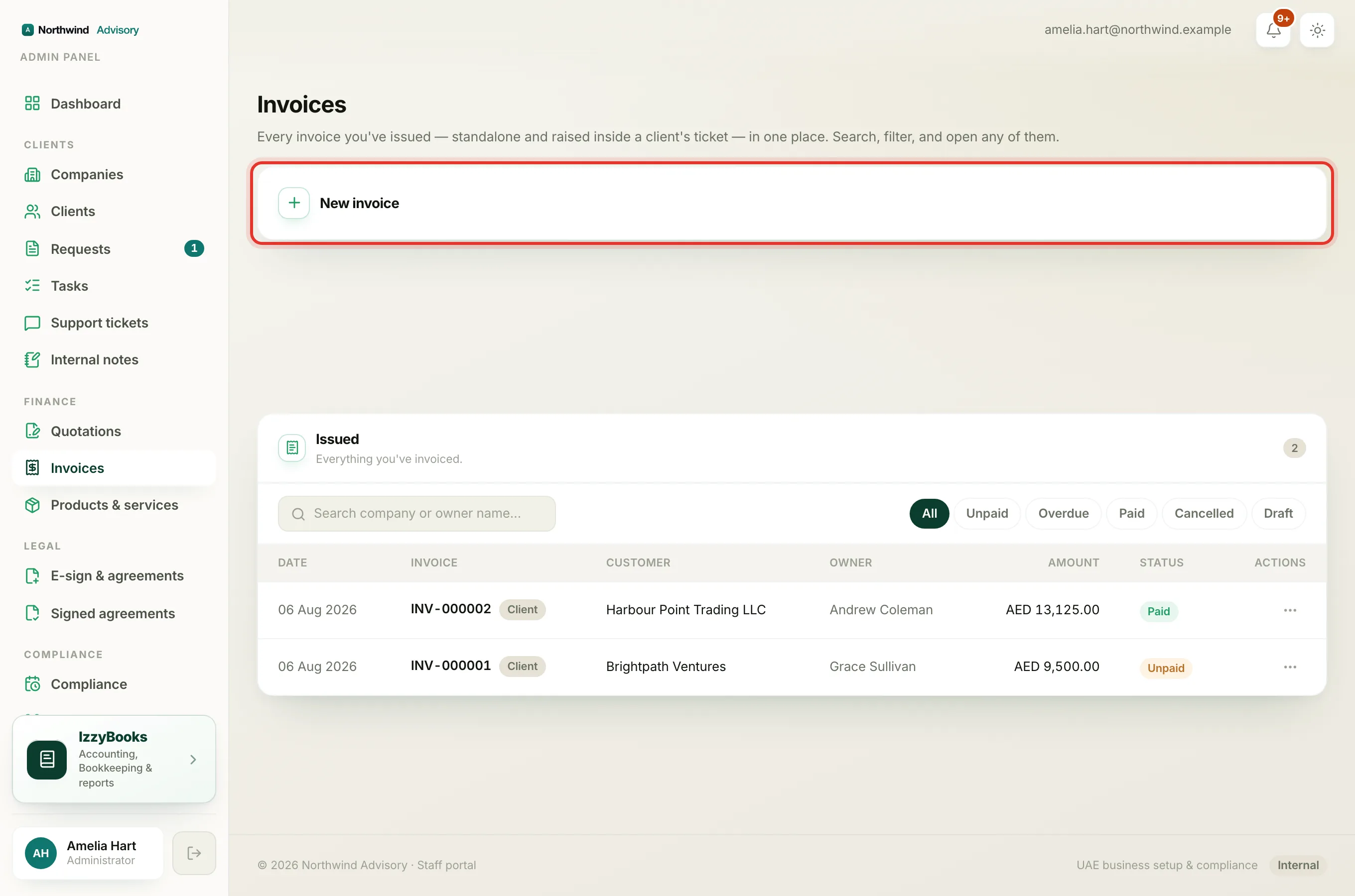The Invoices page with the totals, tabs and list