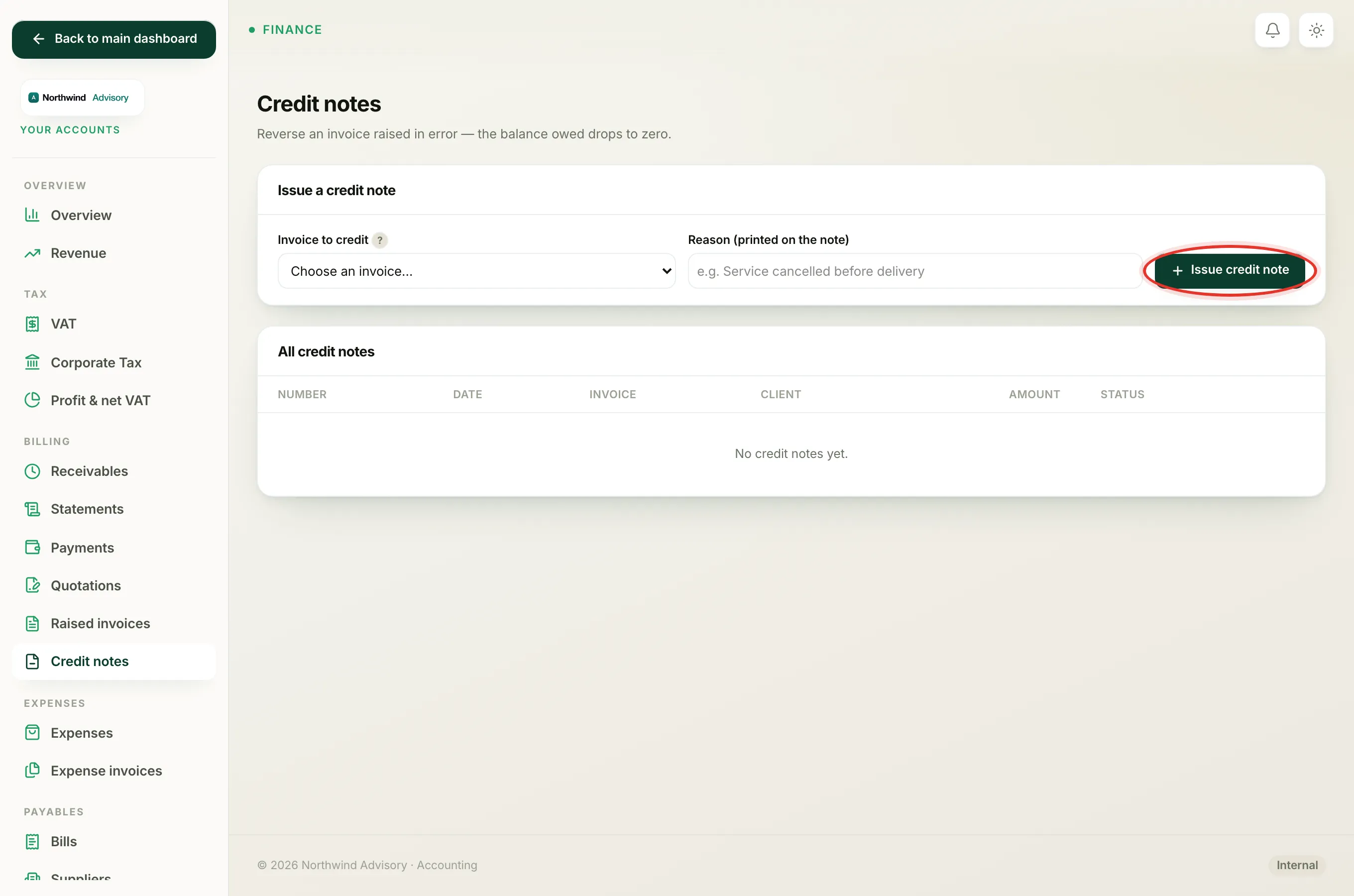 The Issue a credit note panel with the Invoice to credit dropdown and the Reason box.