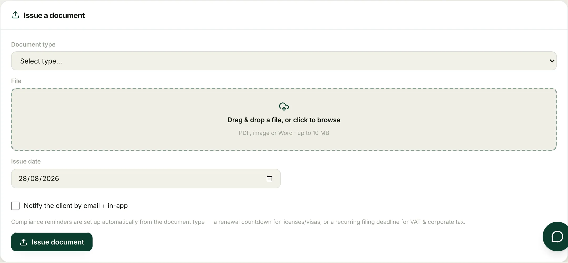 The document form where you pick a type, attach the file and set the date before issuing.