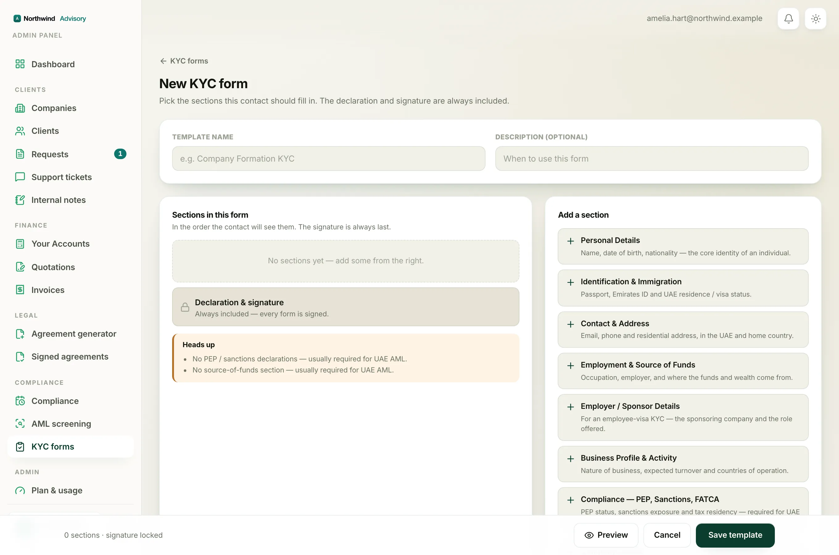 The Add a section panel in the form builder listing the ready-made KYC sections you can add.