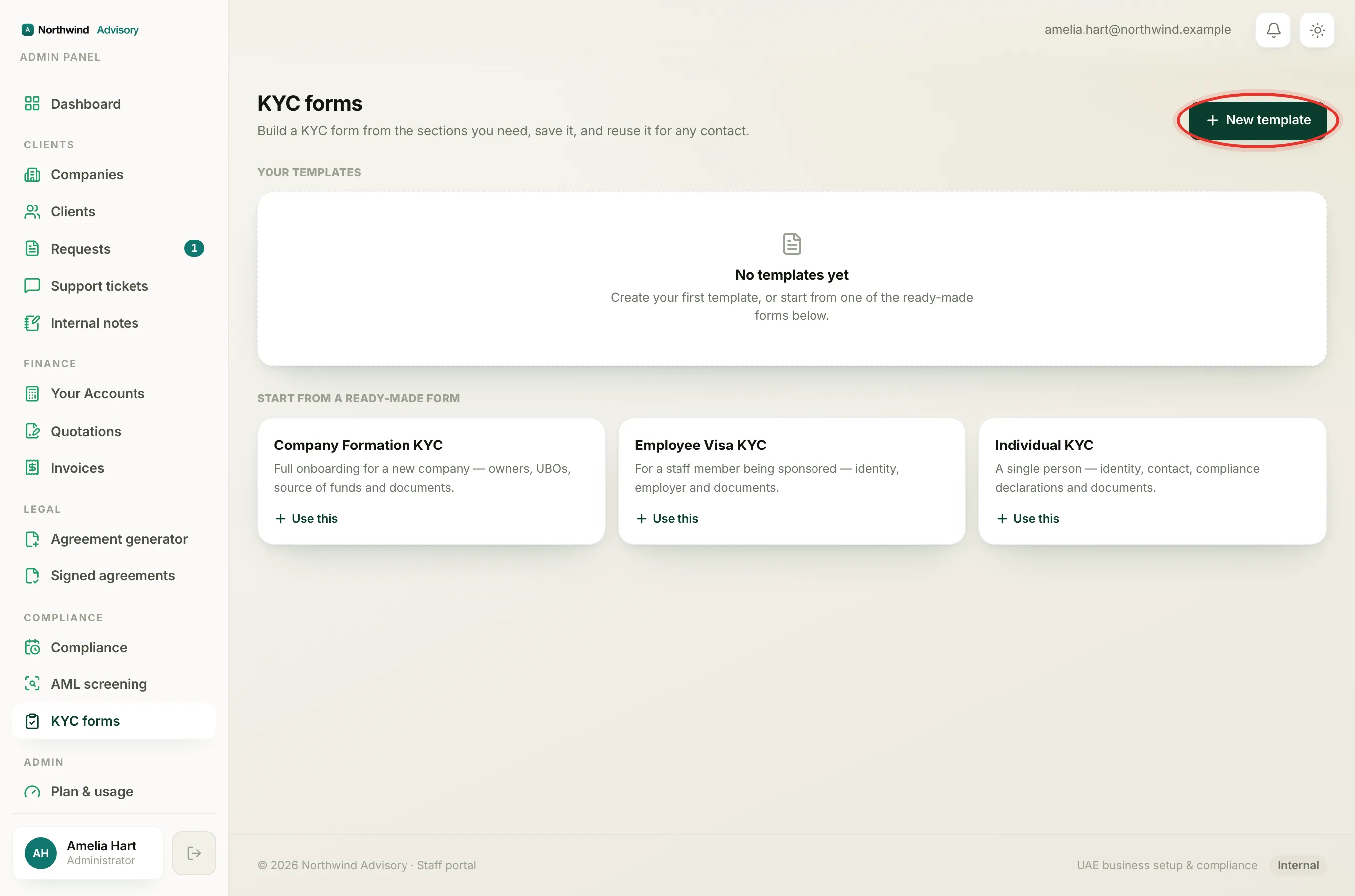The KYC forms page where you click New template to open the section builder.