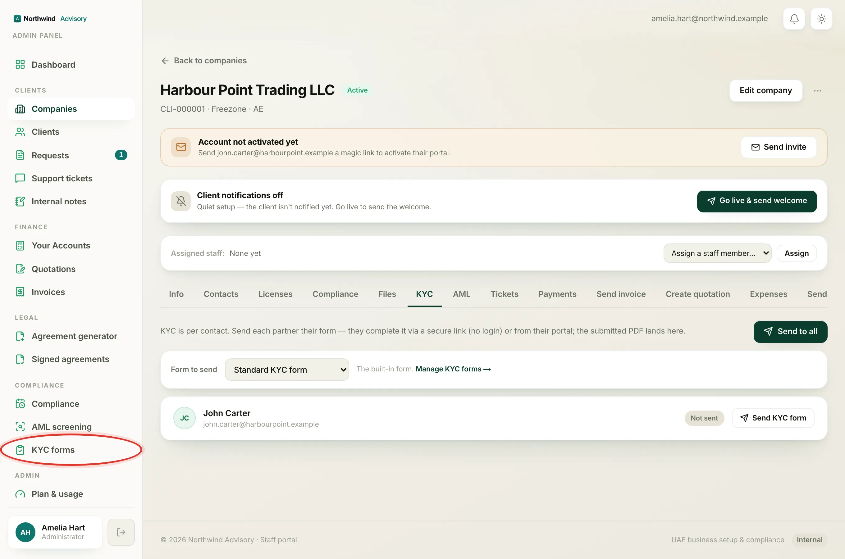 A company's KYC tab listing each contact with a coloured status chip and an action button.